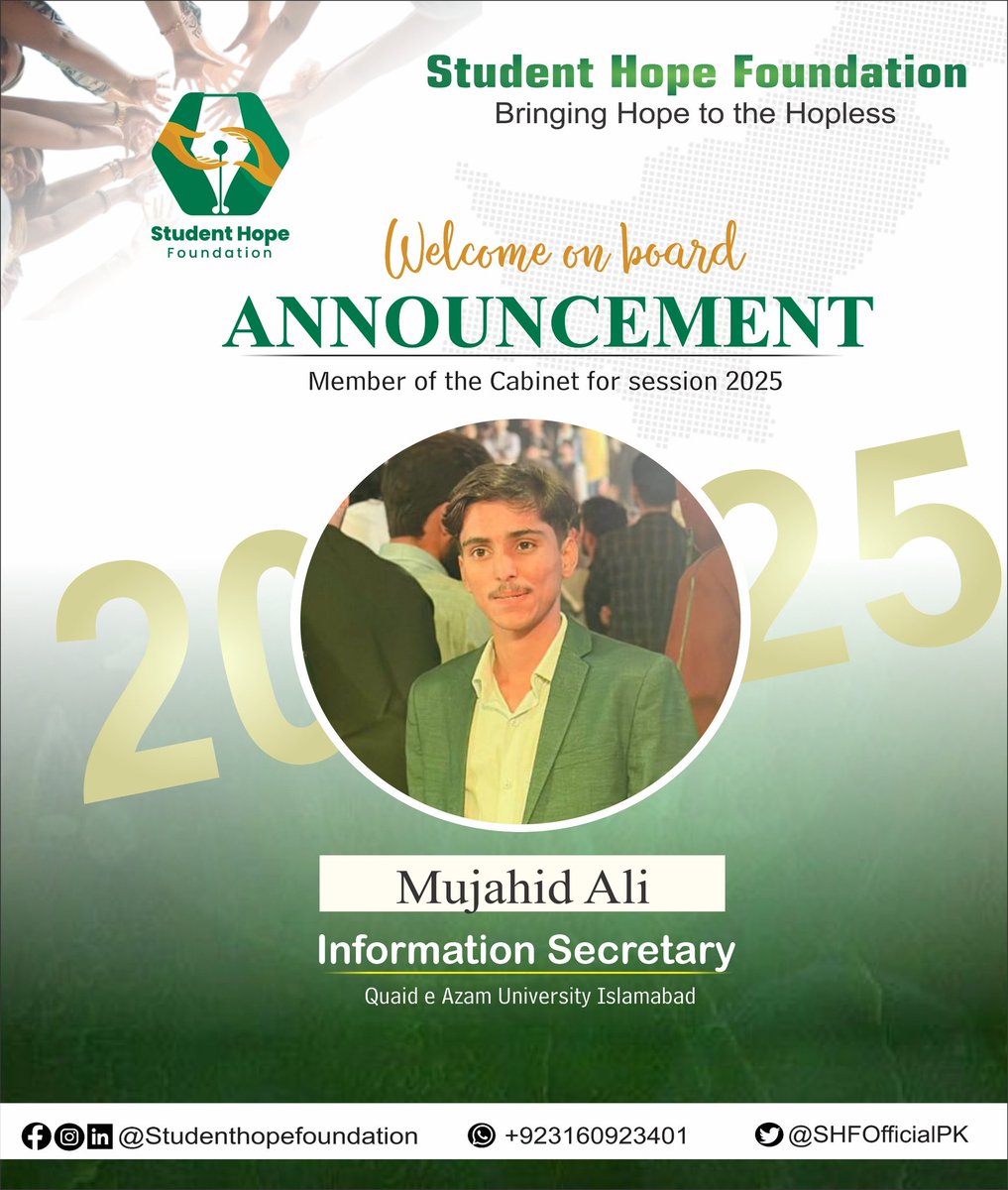 SHFOfficialPK's tweet photo. We are thrilled to announce Mr Mujahid Ali as "Information Secretary" Quaid-i-Azam University for the Core Cabinet of the Student Hope Foundation. 
His expertise, passion, and innovative vision are sure to lead us to new heights of success and impact.
 #StudentHopeFoundation
#SHF https://t.co/Tnjl4LYjJS