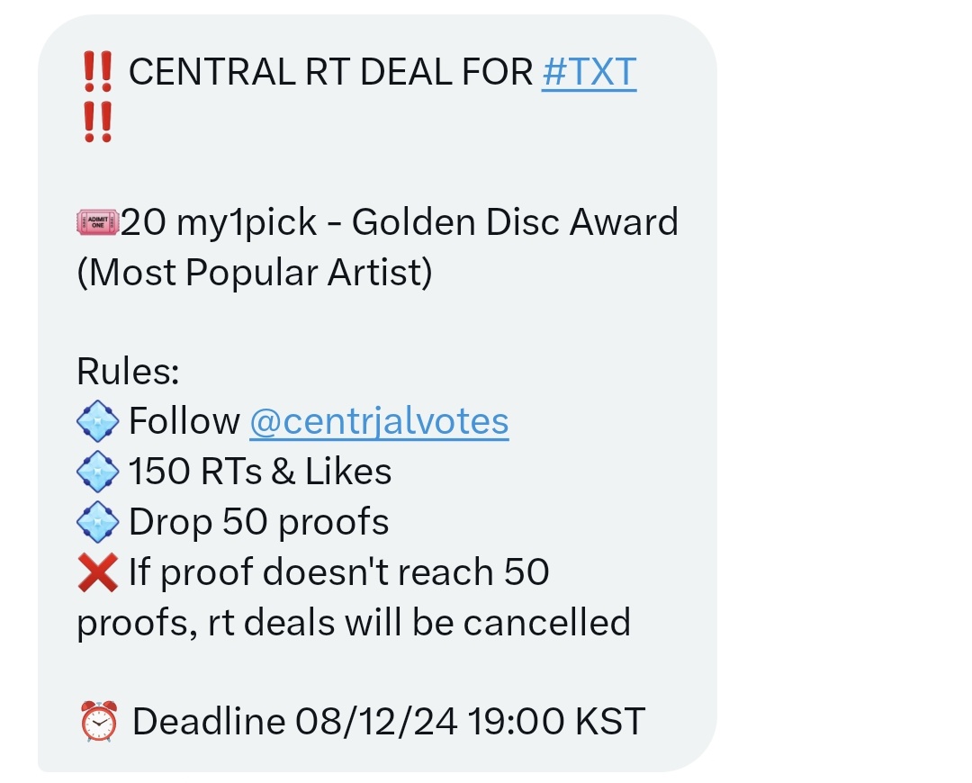 BEOMBASTlC's tweet image. 🚨MOAs PLEASE HELP🚨

‼️ CENTRAL RT DEAL FOR #TXT ‼️

🎟20 my1pick - Golden Disc Award (Most Popular Artist) 

Rules:
💠 Follow @centrjalvotes 
💠 150 RTs &amp;amp; Likes
💠 Drop 50 proofs
❌ If proof doesn&apos;t reach 50 proofs, rt deals will be cancelled

⏰️ Deadline 08/12/24 19:00 KST