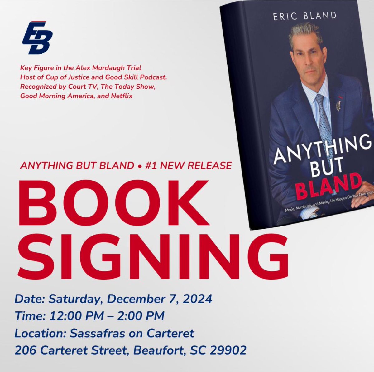 Come see COJ co-hosts <a href="/TheEricBland/">Eric Bland</a> and <a href="/MandyMatney/">Mandy Matney</a> in Beaufort today to celebrate EB’s new book - Anything But Bland!

Today… Saturday, December 7, 2024
12:00 PM - 2:00 PM
Sassafras on Carteret
206 Carteret Street
Beaufort, SC 299u2