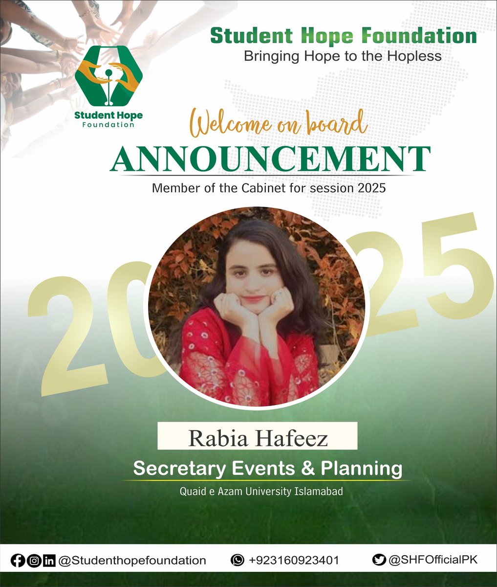 SHFOfficialPK's tweet photo. We are thrilled to announce Rabia Hafeez as Secretary events and plannings Quaid-i-Azam University for the Core Cabinet of the Student Hope Foundation. Her expertise, passion, and innovative vision are sure to lead us to new heights of success.
 #StudentHopeFoundation
#SHF https://t.co/t9prPZbNUI