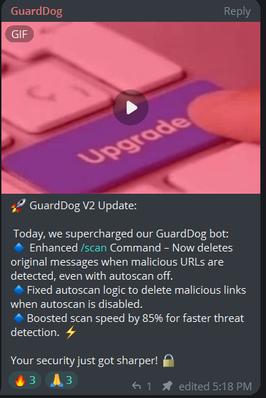 GuardDogSolana's tweet photo. BREAKING NEWS: V2 UPDATE IS HERE!!!

The development team has been working tirelessly, dedicating 12-16 hour days to make this bot more user-friendly and efficient while continuously adding features to provide instant insights into your risk, reward, and exposure. https://t.co/ePfQ9qpaK8