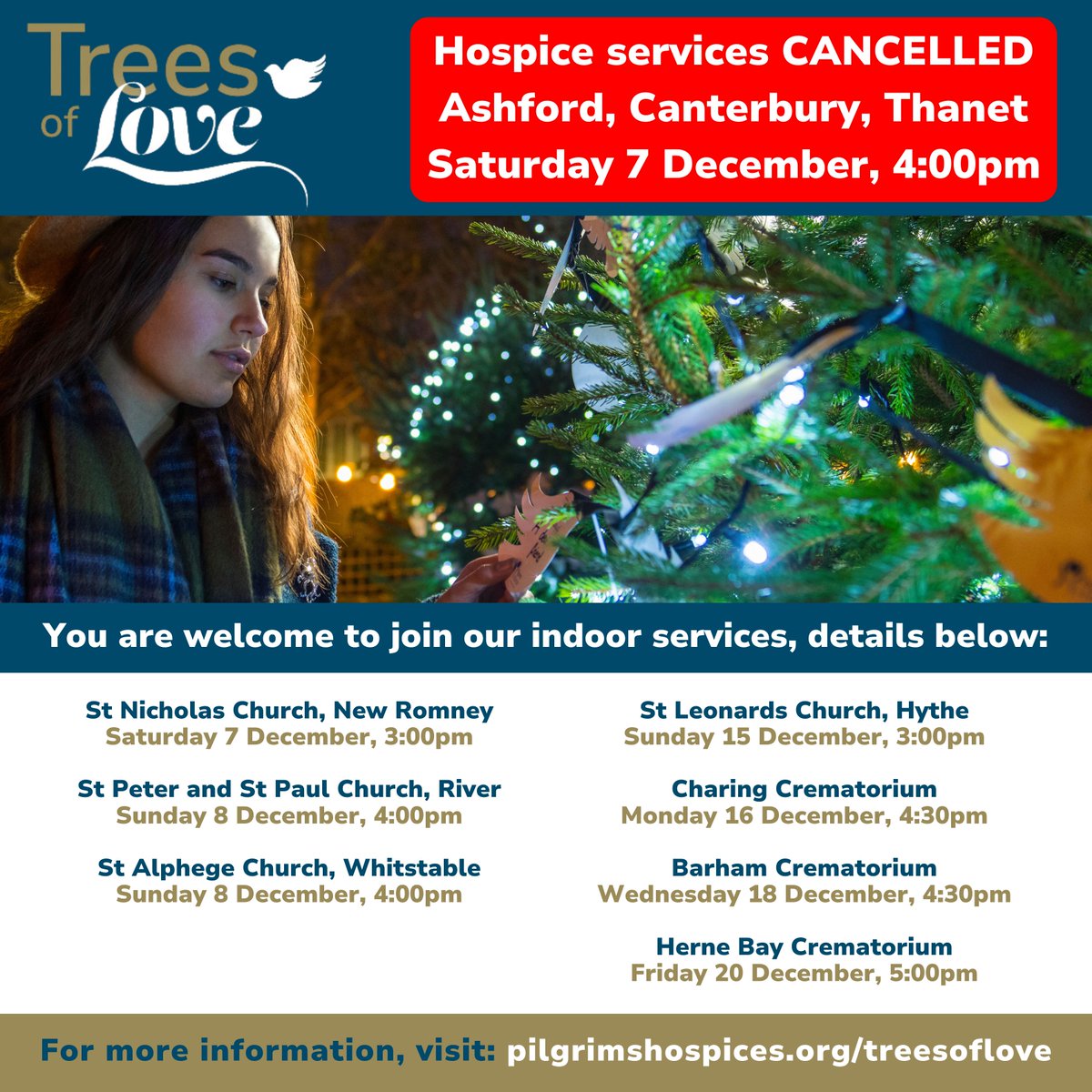 PilgrimsHospice's tweet image. ❗ We're sorry that today's #TreesOfLove hospice services in #Canterbury, #Thanet + #Ashford are CANCELLED ❗ Weather conditions due to Storm Darragh are deemed unsafe. Doves will stay on Trees until January, please visit when safe to do so: pilgrimshospices.org/treesoflove 💙