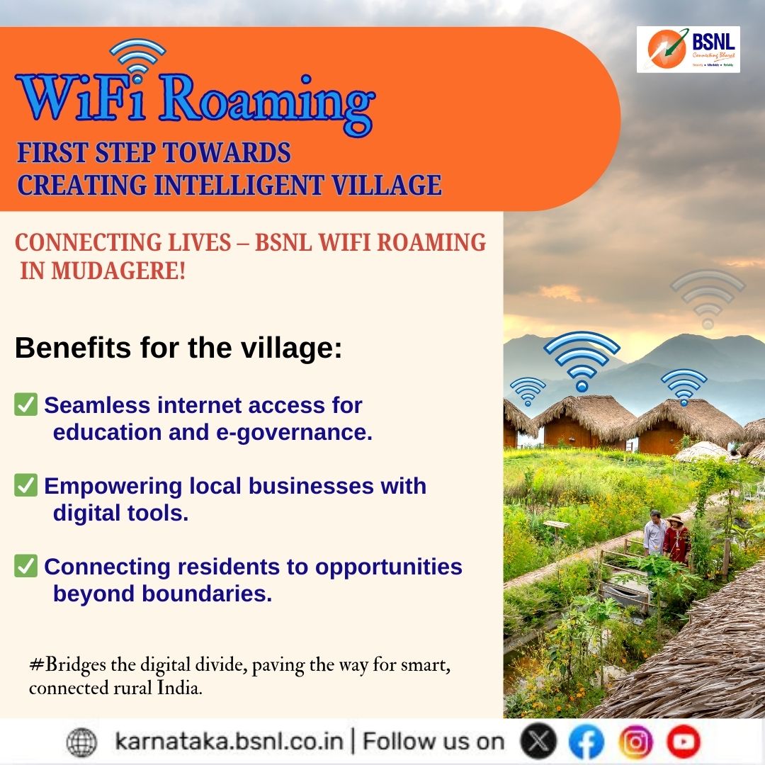 BSNL_KTK's tweet photo. "First step towards creating intelligent Villages, #Connecting Lives – BSNL WiFi Roaming in Mudagere!" 
 
#BSNL brings India's first-ever WiFi roaming village to Mudagere, Channapatna taluk, Ramanagara district, Karnataka, inaugurated by Hon'ble CMD BSNL.
#DigitalIndia #BSNLWiFi https://t.co/z5qdGTZpIC