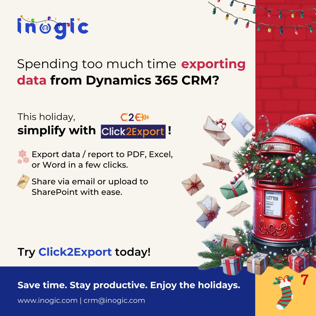 inogic's tweet image. #AdventWithInogic #advent #day7

This Christmas, let #Click2Export be your productivity elf! 
Export CRM data in 1 click, automate actions, and save time for holiday cheer. 🎁🎉  
#D365 #CRM #CRMExport