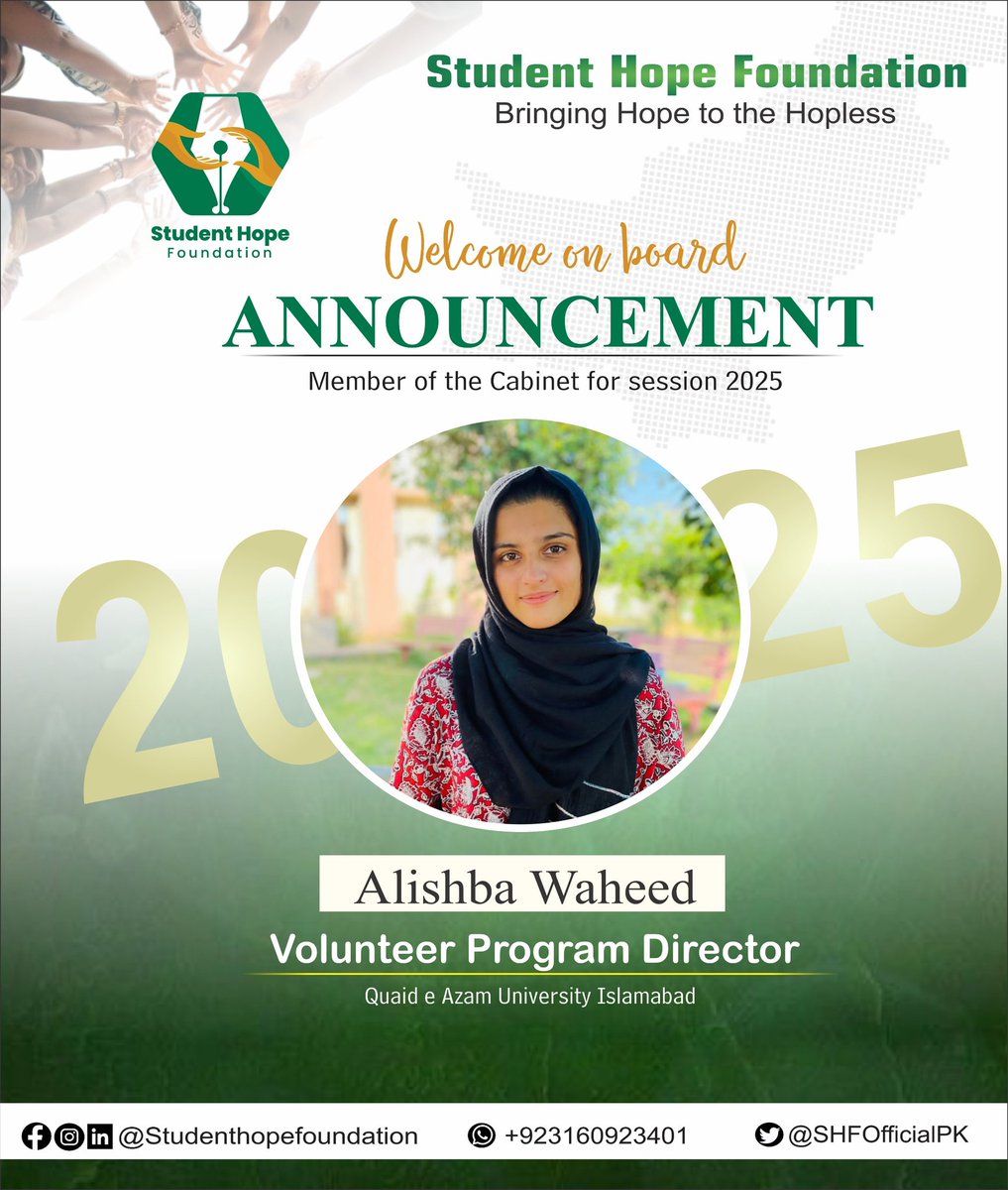 SHFOfficialPK's tweet photo. We are thrilled to announce Alishba Waheed as Volunteer program director  Quaid-i-Azam University for Core Cabinet of the Student Hope Foundation. 
Her expertise, passion, and innovative vision are sure to lead us to new heights of success and impact.
 #StudentHopeFoundation
#SHF https://t.co/5rByN3gI8y