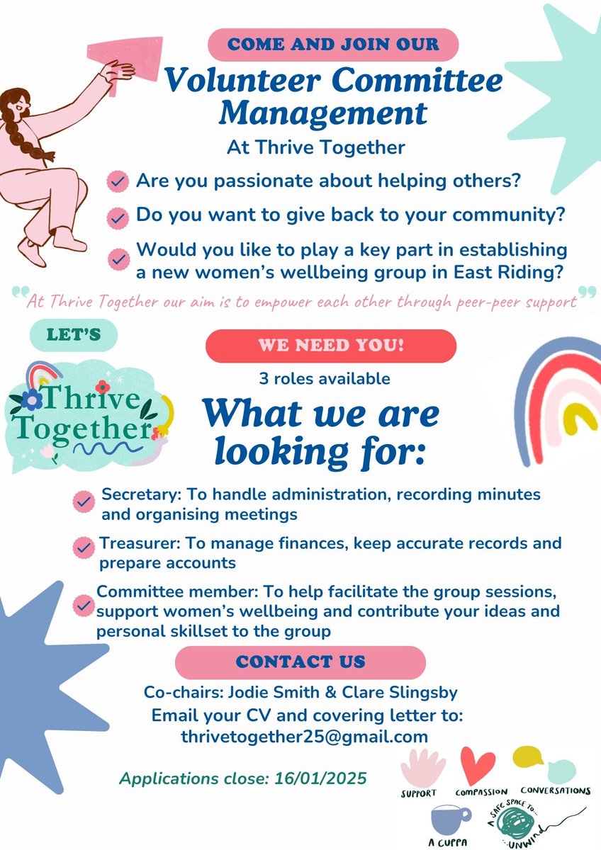 Coming soon .. Thrive Together !

Myself and Clare are in the process of setting up a community group and are on the look out for more like minded individuals to join our committee management team. 
Are you passionate about supporting women's wellbeing or know someone that might?