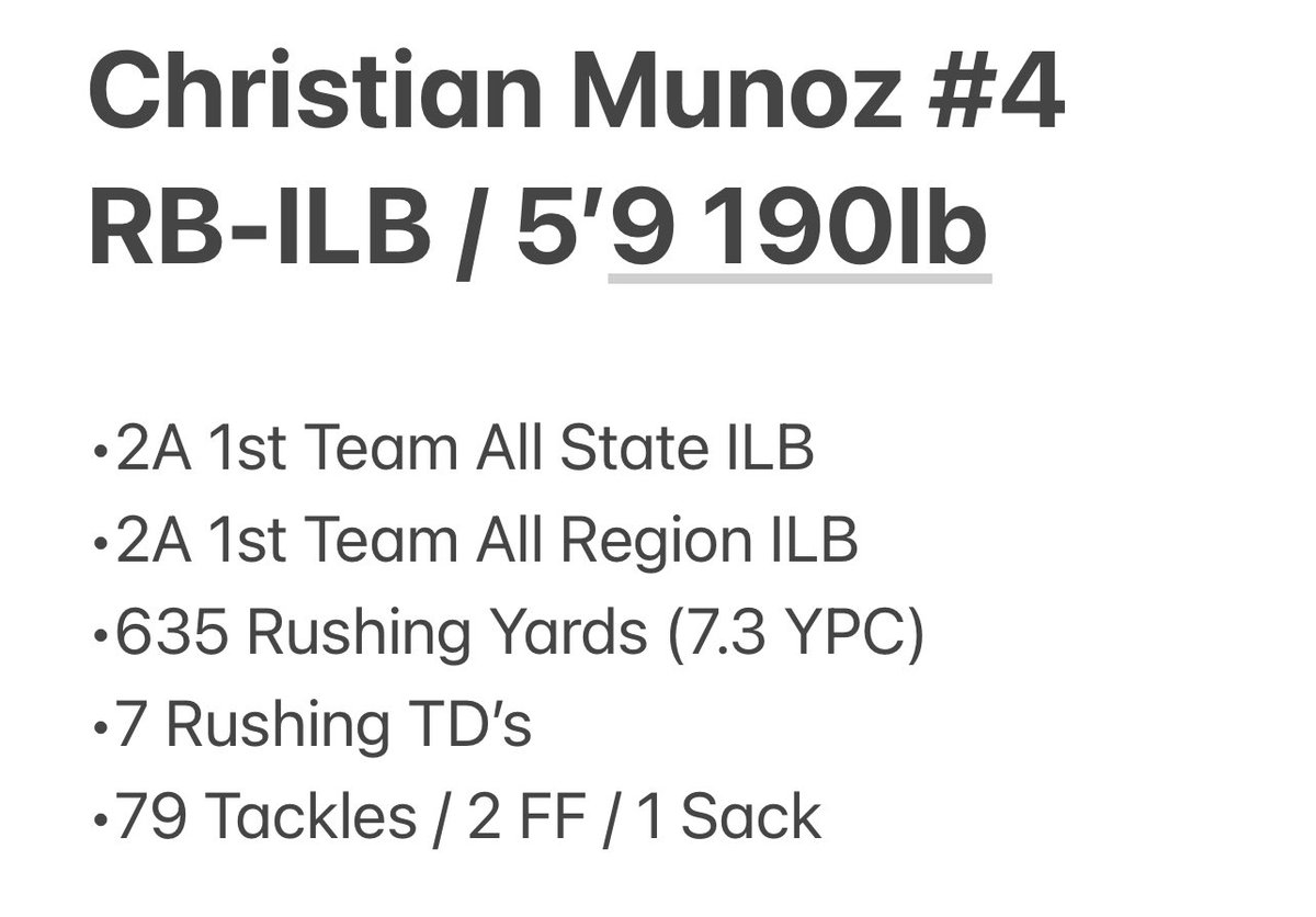 Tone setter. High Effort Player. Passionate about the Game and his Teammates. Emotional Leader. High Football IQ / Capacity. Started playing Football as a Sophomore. Great student. Christian will be missed! College Coaches please watch the Tape! hudl.com/v/2R4U79