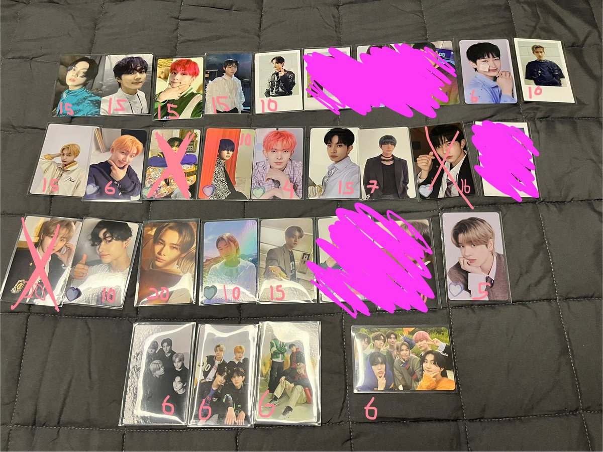 sunflowernctz's tweet photo. hellooo i’m selling my enhypen photocards
- the ones with the stickers has defects but really minor! (dm for close up)
- price is stated on the photocards and it’s negotiable 
- if you buy more i’ll give discount really need to clear them 🥹
-dm me for shipping fee 
#pasarENHYPEN https://t.co/Un9upDxXbP