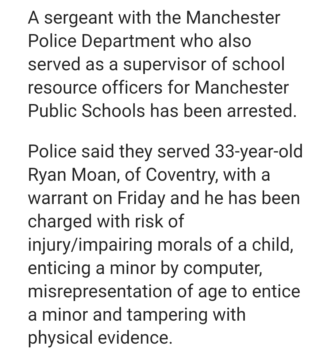 SMCADMAN's tweet photo. .@manchester_pd sergeant, school resource officer supervisor 33-year-old Ryan Moan arrested

#Police said the sergeant has served as supervisor of student resource officers for Manchester Public Schools

#Safety #kids #women #children #violentmen #familyman? #natsec #cybersecurity #defcon #Blackhat #anonymous #SeraphimSec
#MAGA #predators #LibsOfTikTok #RegisteredRepublican 
#natsec #FBI @FBI @rcmpgrcpolice

https://t.co/TDbG2NykmI