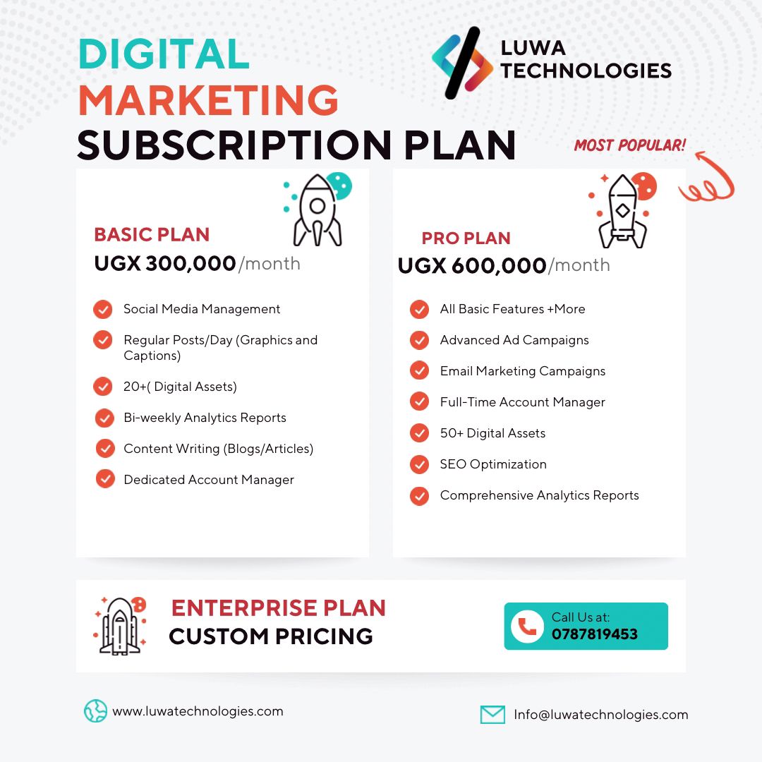 luwa_tech's tweet photo. Boost your brand's visibility, engage your audience, and drive results with our tailored subscription plans. Whether you're a startup or an established brand, we have a plan that fits your needs. Let Luwa Technologies take your marketing strategy to the next level! https://t.co/kXkdwMfs3B