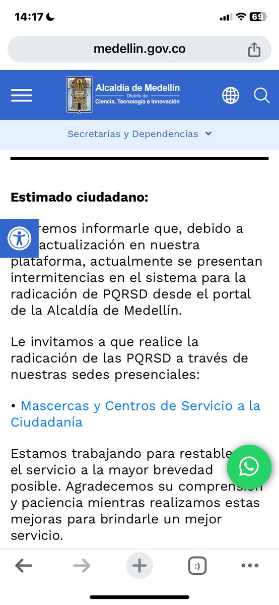 DaniAlvarezMe's tweet photo. Se ha apoyado a este gobierno local de Medellín, pero inaudito que el Distrito de Ciencia y Tecnología lleve semanas con el sistema Mercurio caído, y para poner una PQRS en @AlcaldiadeMed haya que ir hasta un mascerca, como si no existiera la Internet. @personeriamed https://t.co/EsnKgfIpHX