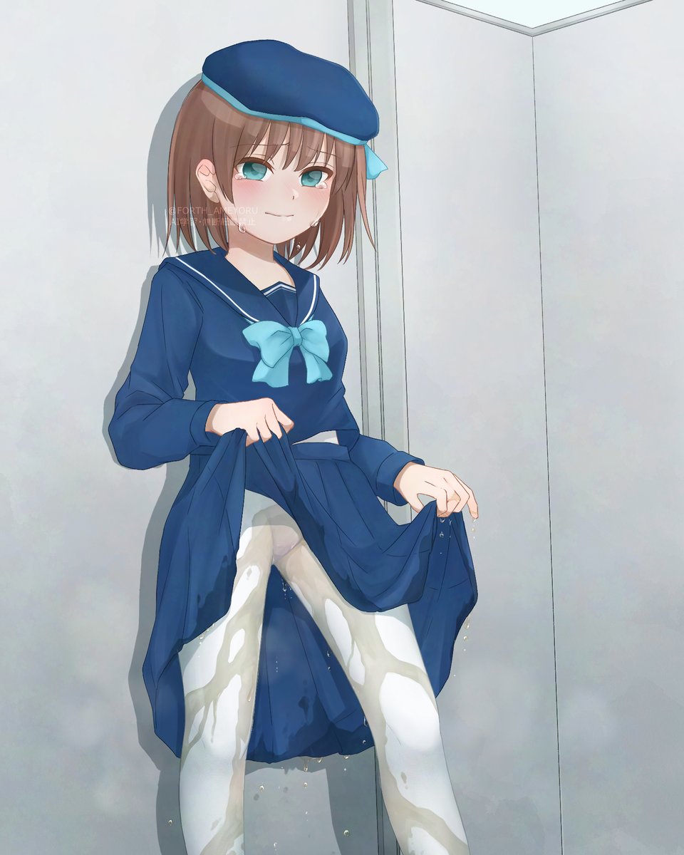 skeb納品しました!!!お●らしのショックから個室に閉じこもっている女の子を描かせていただきました!スカートの長さ的にどうあがいてもシミが見えなくてほぼたくし上げになってしまいましたが…… 