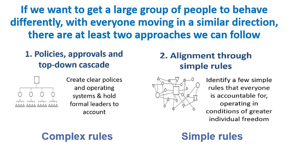 Using "simple rules" in system change. People sometimes get confused over the nature of "simple rules". Because they have the label "rules", people think they are absolutist or prescriptive which is not the case. Simple rules can be one of the most powerful ways to move forward