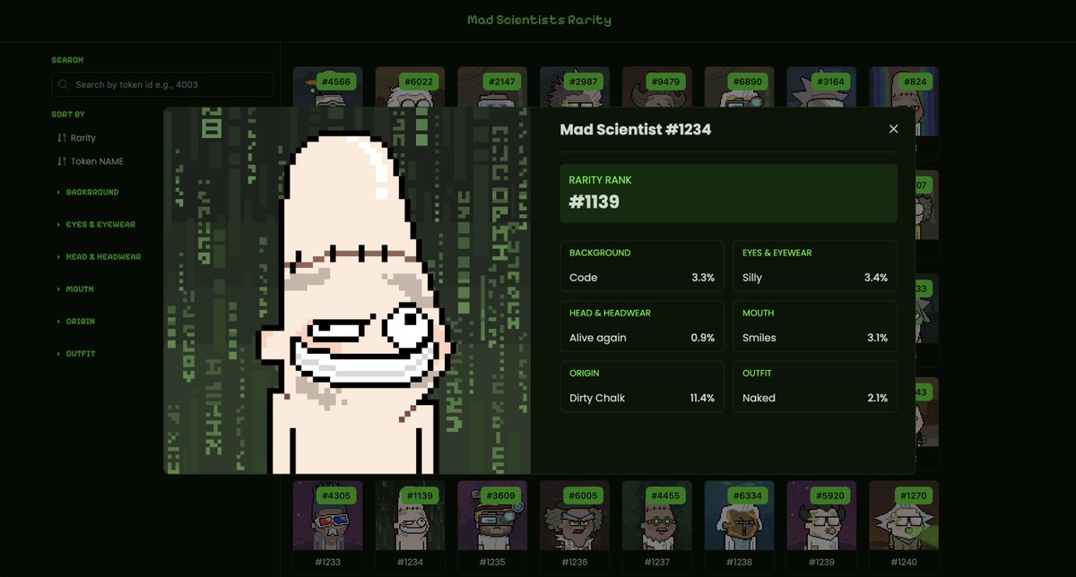 New Website - Mad Scientists Rarity  🧪

The incredible <a href="/rektcudo/">cudo</a> has built out a website to explore the entire Mad Scientists Collection, 

as well as verify rarity:

👉  rarity.madscientists.io