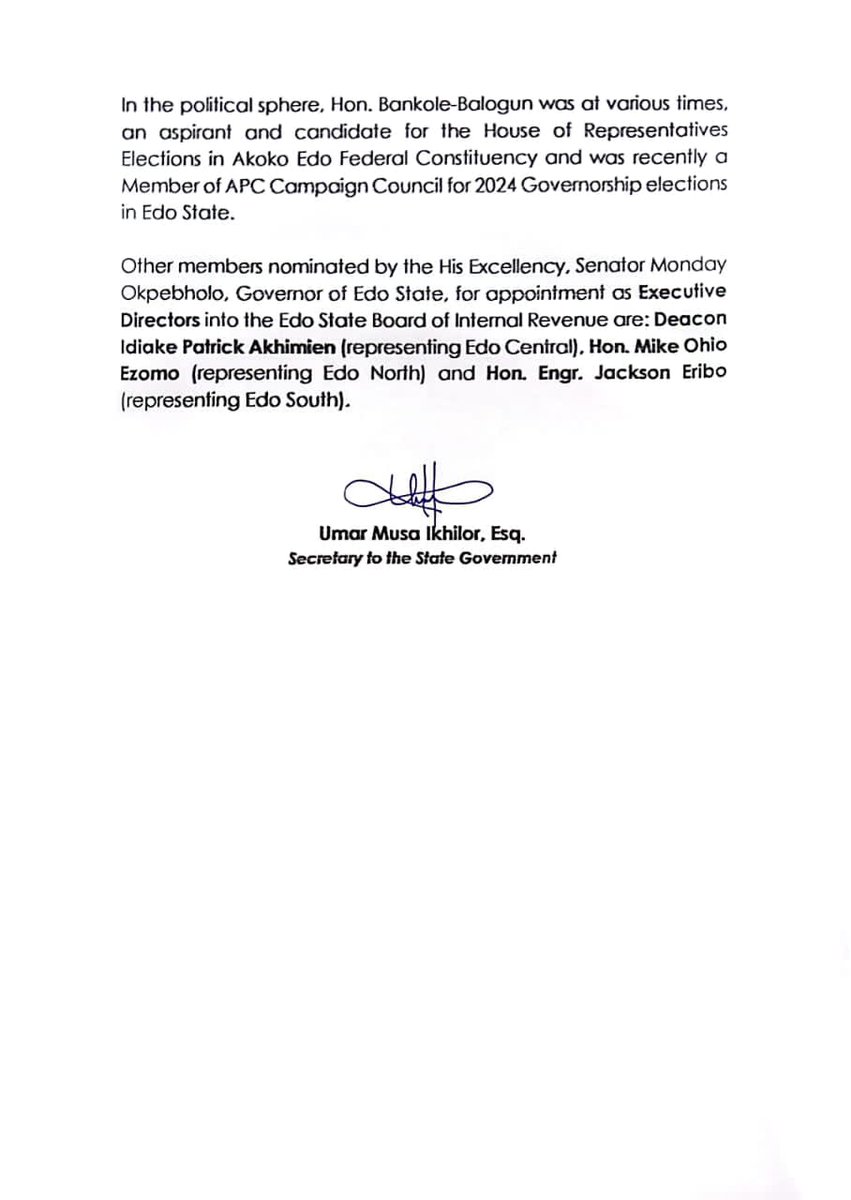 Jogwoba2's tweet photo. Gov Okpebholo has appointed the following into Edo State Board of Internal Revenue.

Hon.Oladele Bankole-Balogun  Executive Chairman, 

Deacon Idiake Patrick Akhimien  Edo
 Central 
Hon. Mike Ohio Ezomo Edo North

Hon. Engr. Jackson Eribo  Edo South https://t.co/nehBqWrEix