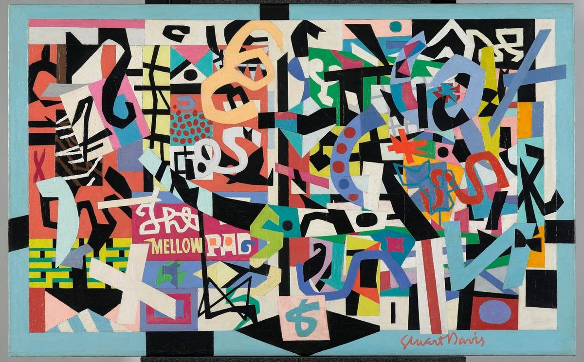 geriwithetc's tweet photo. Happy Birthday #StuartDavis
December 7, 1892 - June 24, 1964
Love love love his work. He was well known for his jazz-influenced paintings of the 1940s and 1950s––bold, brash, and colorful. It combines three loves: art, graphic design, and jazz.
The Mellow Pad
1945-51 (180 Kb); Oil on canvas, 26 x 42 in; Brooklyn Museum, New York