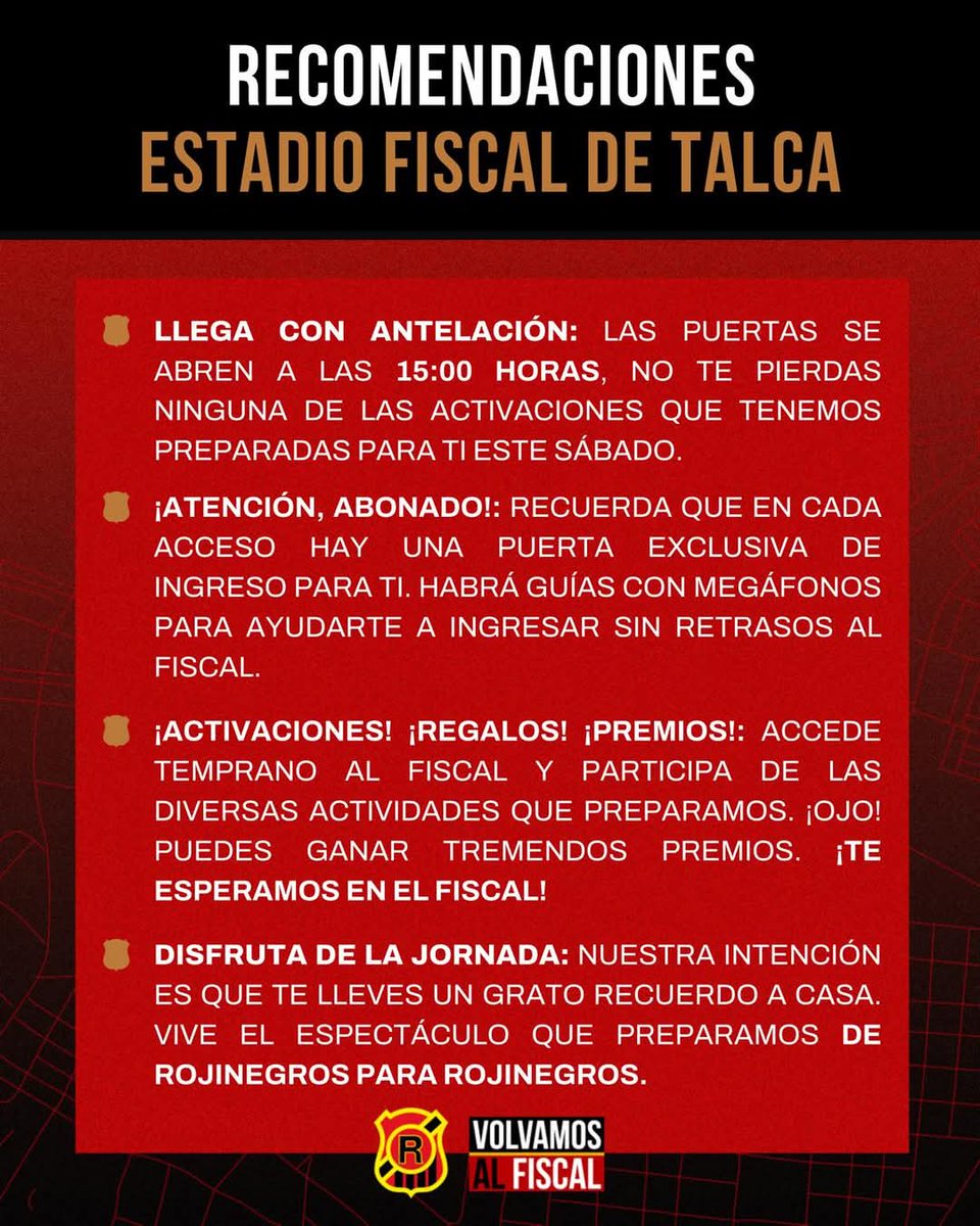 magicafmtalca's tweet photo. 🏟️ 𝐀𝐂𝐂𝐄𝐒𝐎𝐒 𝐘 𝐑𝐄𝐂𝐎𝐌𝐄𝐍𝐃𝐀𝐂𝐈𝐎𝐍𝐄𝐒

¡Hola, Rojinegro! ¿Estás listo para esta tarde? ¡Sigue las recomendaciones, ahórrate filas y vive la mejor experiencia en el Fiscal! 
⚠️ Cortes de calles en Alameda con Av. Circunvalación y Canal de la Luz desde 11:00 horas. https://t.co/mBxblAIR7S
