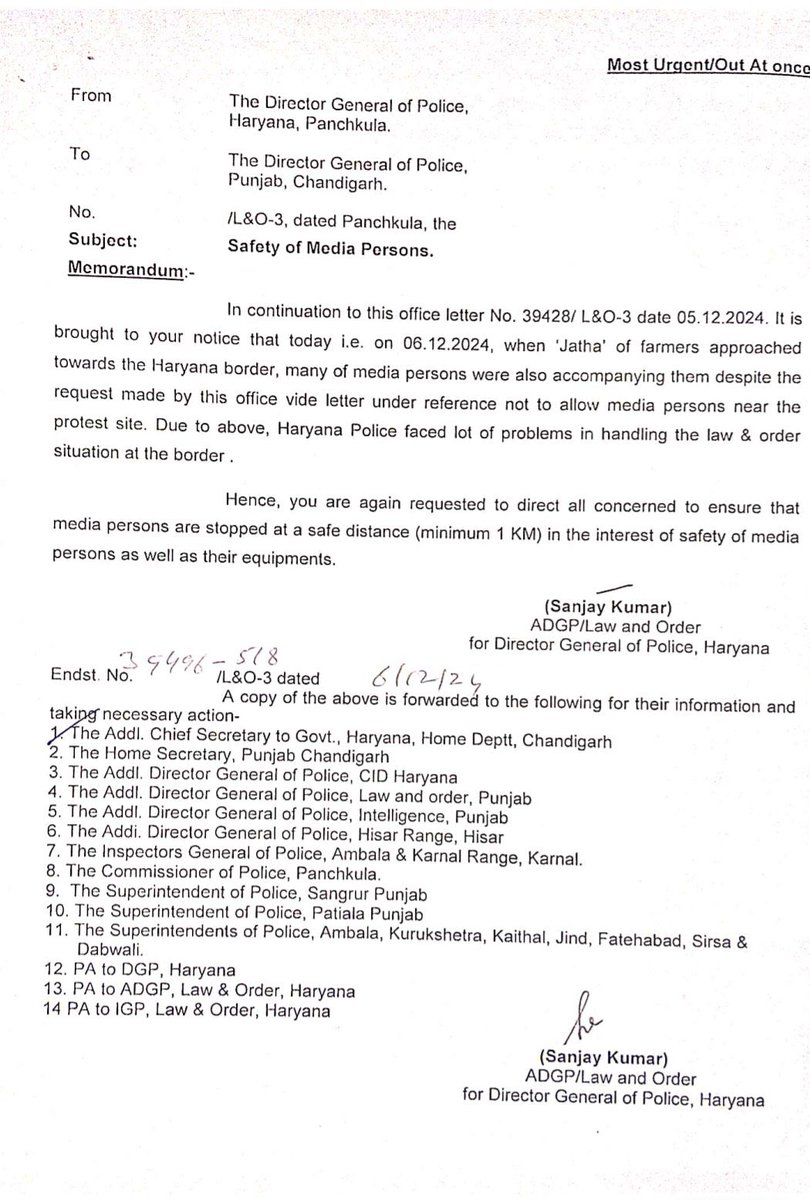 Gagan4344's tweet photo. The Haryana DGP wrote a letter to the Punjab DGP, requesting that media persons be kept at a safe distance of 1 km from the protest site. The letter also mentioned that on 6/12/2024, the Haryana Police faced significant challenges in managing the law and order situation at the Shambu Border when a group of 101 farmers began a march toward Delhi.