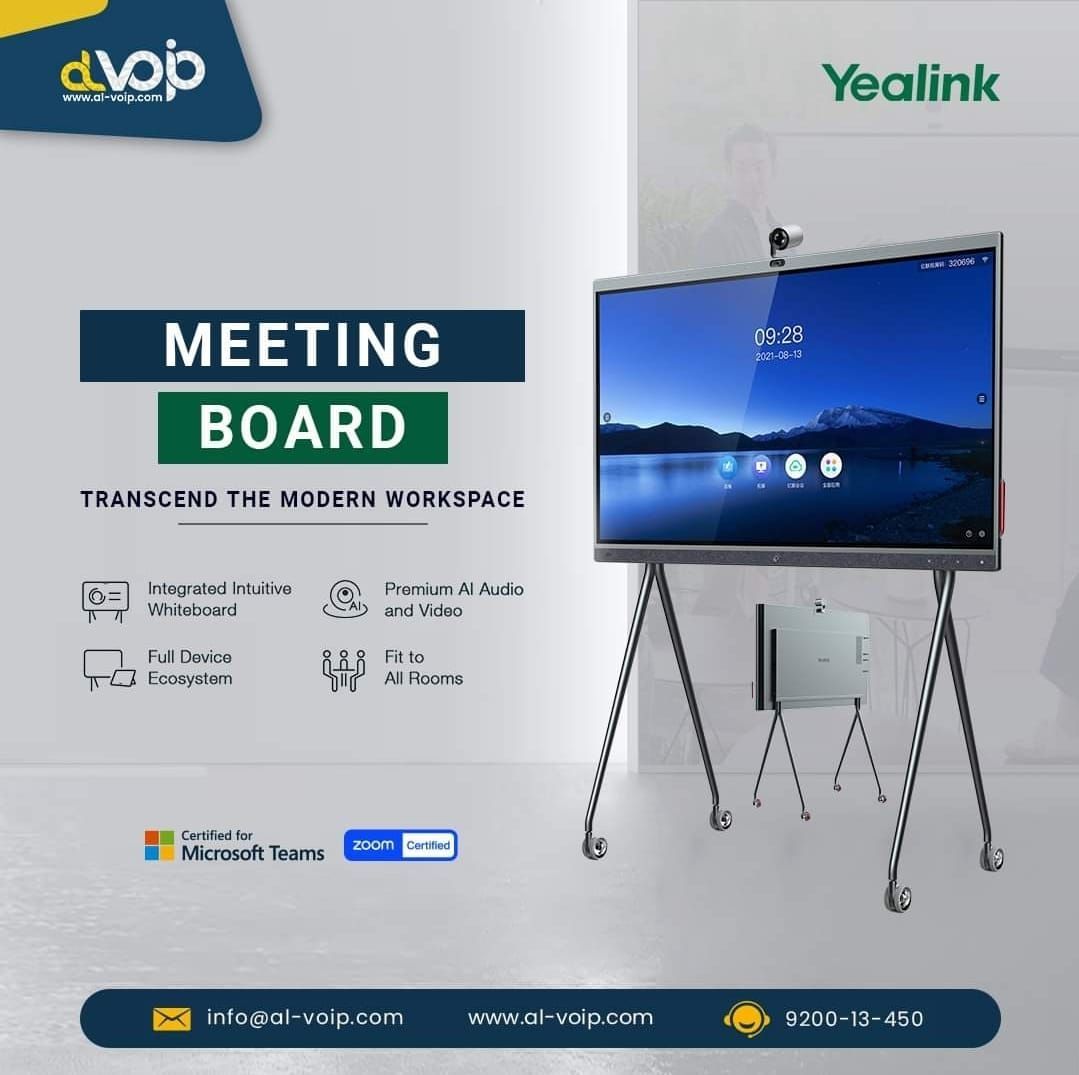 Collaborate in a new way with Yealink Meeting Board! Touchscreen, AI audio/video, and full ecosystem, certified by Microsoft Teams &amp; Zoom.

For more info:
al-voip.com/products/yeali…
Email: info@al-voip.com
Tel: 920013450
WhatsApp: +(966)-133313575