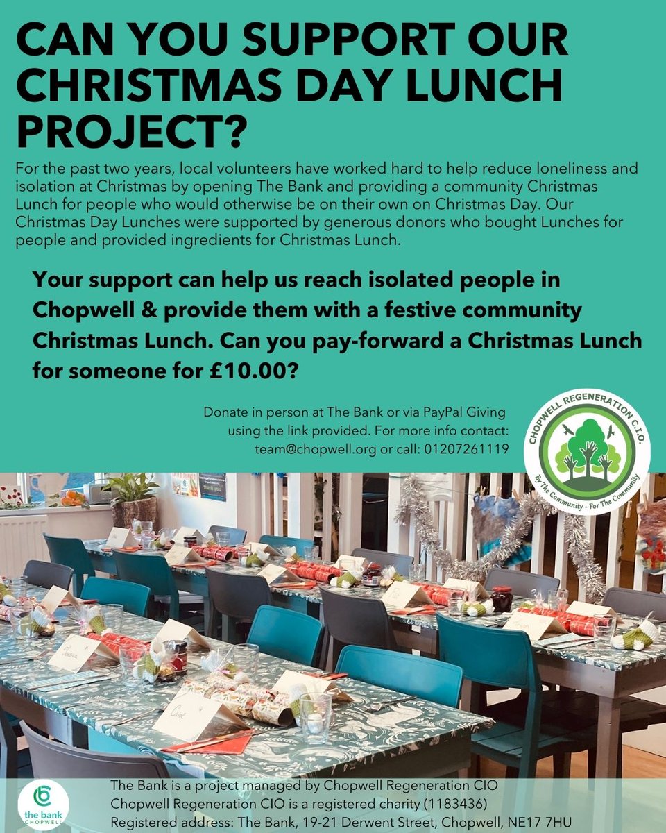 No-one should be alone at Christmas. Our Christmas Day Lunch project has helped reduce loneliness &amp; isolation for 2yrs, supported by local orgs &amp; kind individuals. Can you help us this Christmas? Donate: paypal.com/GB/fundraiser/…