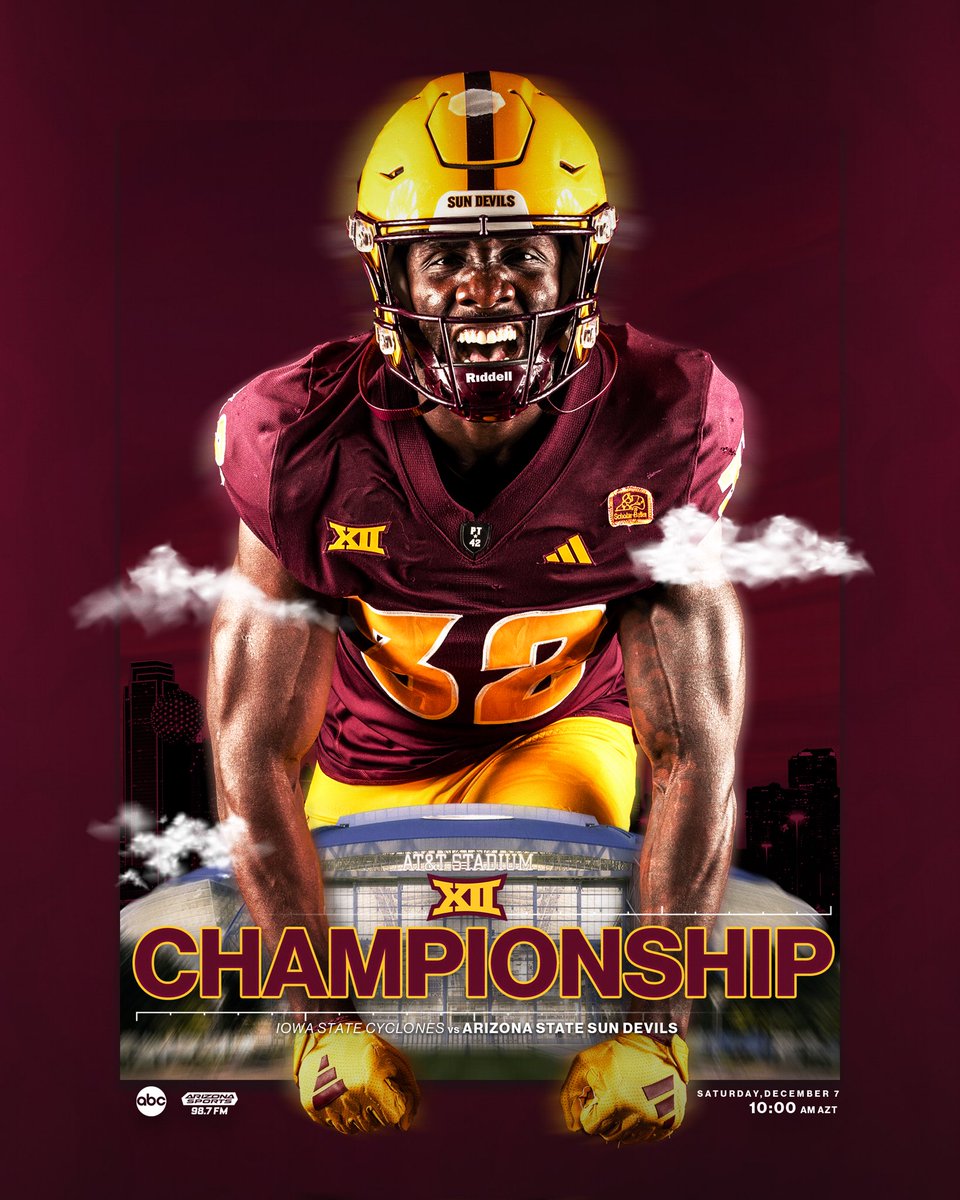 ASUFootball's tweet photo. Championship Saturday ‼️🔥

🆚: Iowa State
⏰: 10 AM AZT
📍: Arlington, TX 
📺: ABC 
🎧: AZ Sports 98.7 FM 

🔗: https://t.co/HuibZ54uaR

#ForksUp /// #ActivateTheValley https://t.co/1ARdgzOulP