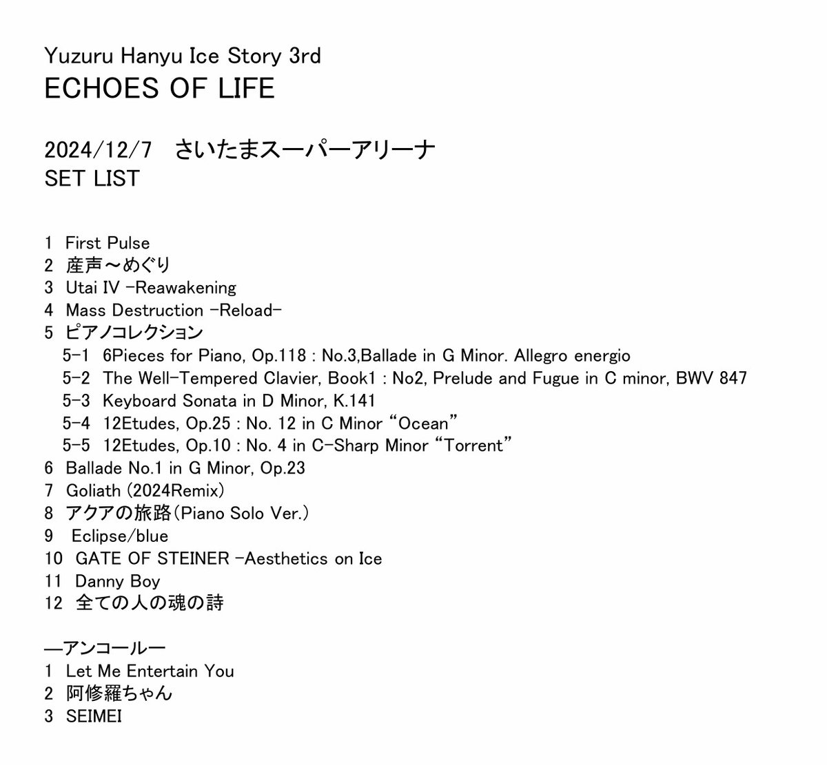 再掲】Yuzuru Hanyu Ice Story 3rd「ECHOES OF LIFE」初日12/7公演の