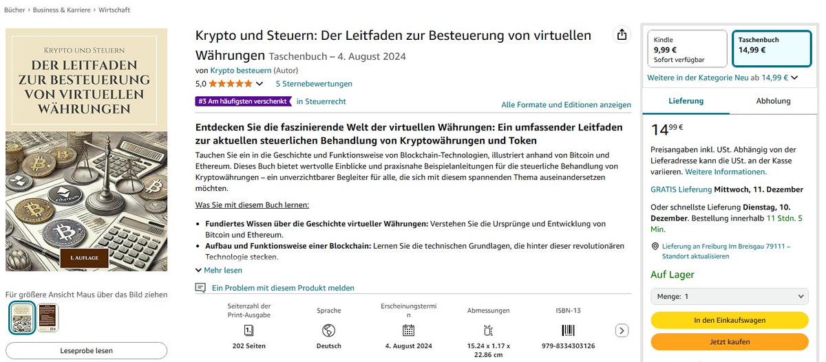 kryptobesteuern's tweet photo. 📚✨Das Geschenk für #Krypto-Fans und Steuer-Nerds! ✨📚 Mit 5 ⭐⭐⭐⭐⭐ und einem Platz in den Top 3 auf #Amazon ist es das ideale Geschenk. https://t.co/kEP7I48ffM #Steuern #Bitcoin #Ether #Blockchain #Buchtipp #Geschenktipp #Kryptowährungen #Weihnachtsgeschenke #Geschenkidee https://t.co/qFvYfnkHnj