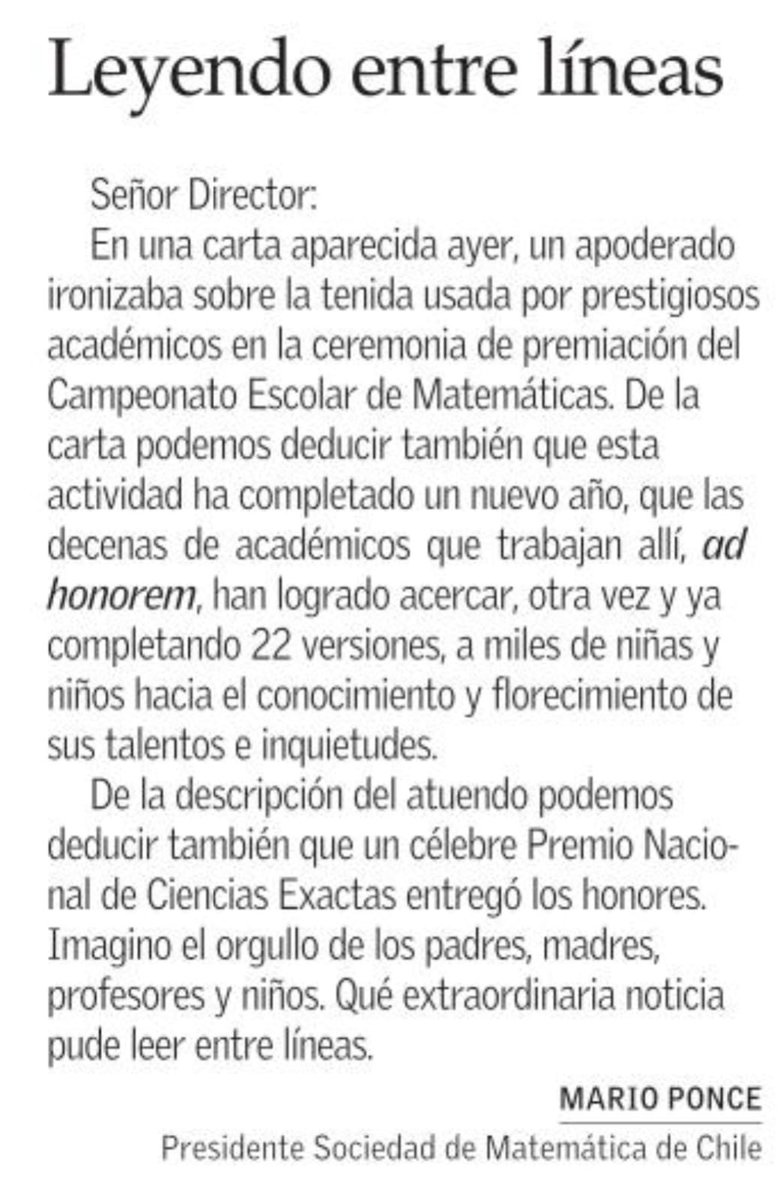 Una carta reclama por la informalidad de la vestimenta en una premiación y en otra carta el ex decano de matemáticas UC, Mario Ponce, le responde (con humor) acerca de lo verdaderamente importante. Me gustó esa lectura entre líneas. 🤓