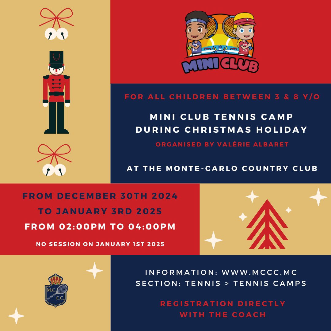 Pendant les vacances de Noël, Valérie Albaret organise un stage de tennis Mini Club, ouvert à tous les enfants de 3 à 8 ans, au Monte-Carlo Country Club. 🎄☀️
Informations et inscriptions : sur notre site internet.