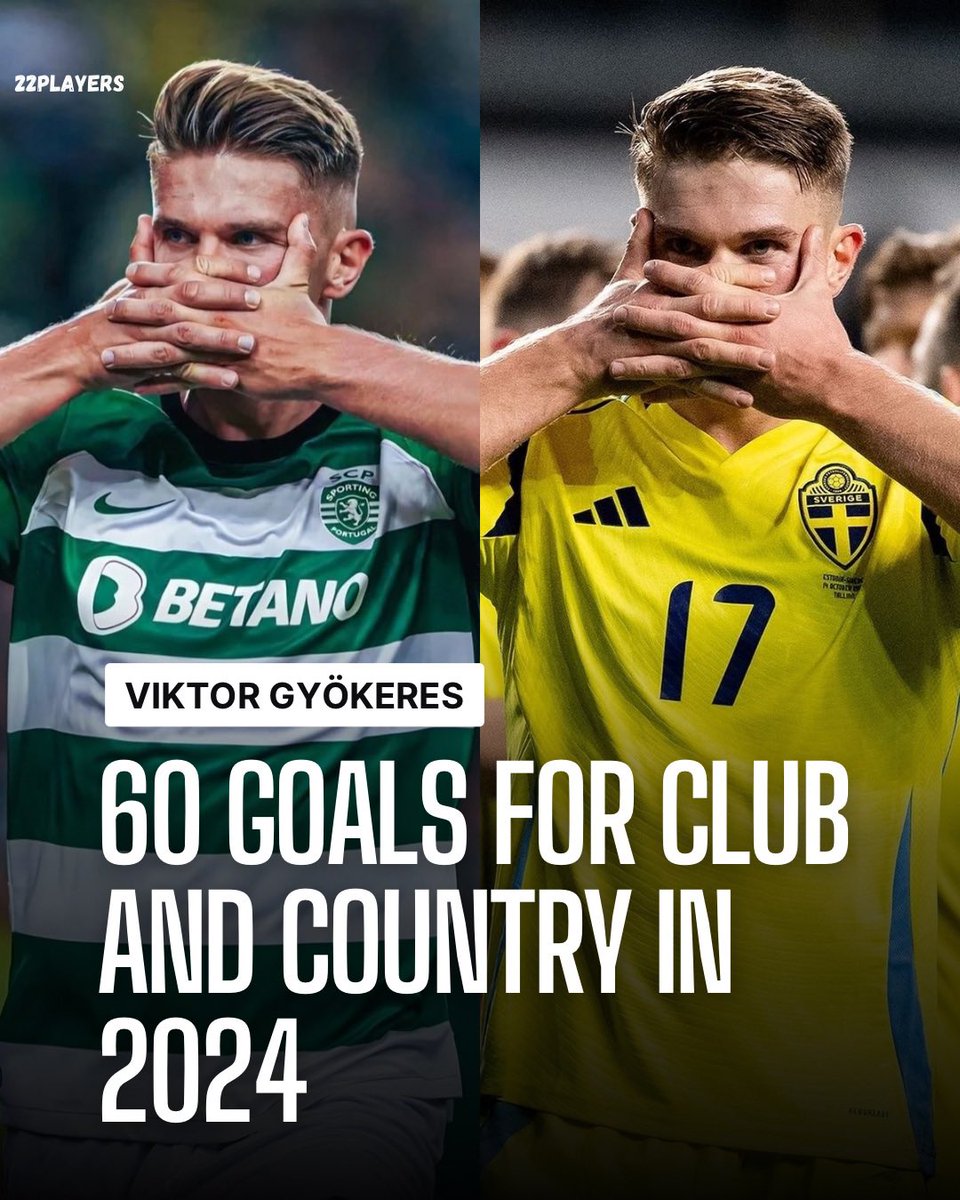 22Players's tweet photo. 🟢⚪️🇸🇪 Viktor Gyökeres has scored an impressive 60 goals for club and country in 2024 so far! 🔥⚽ https://t.co/yZI0yGd56p