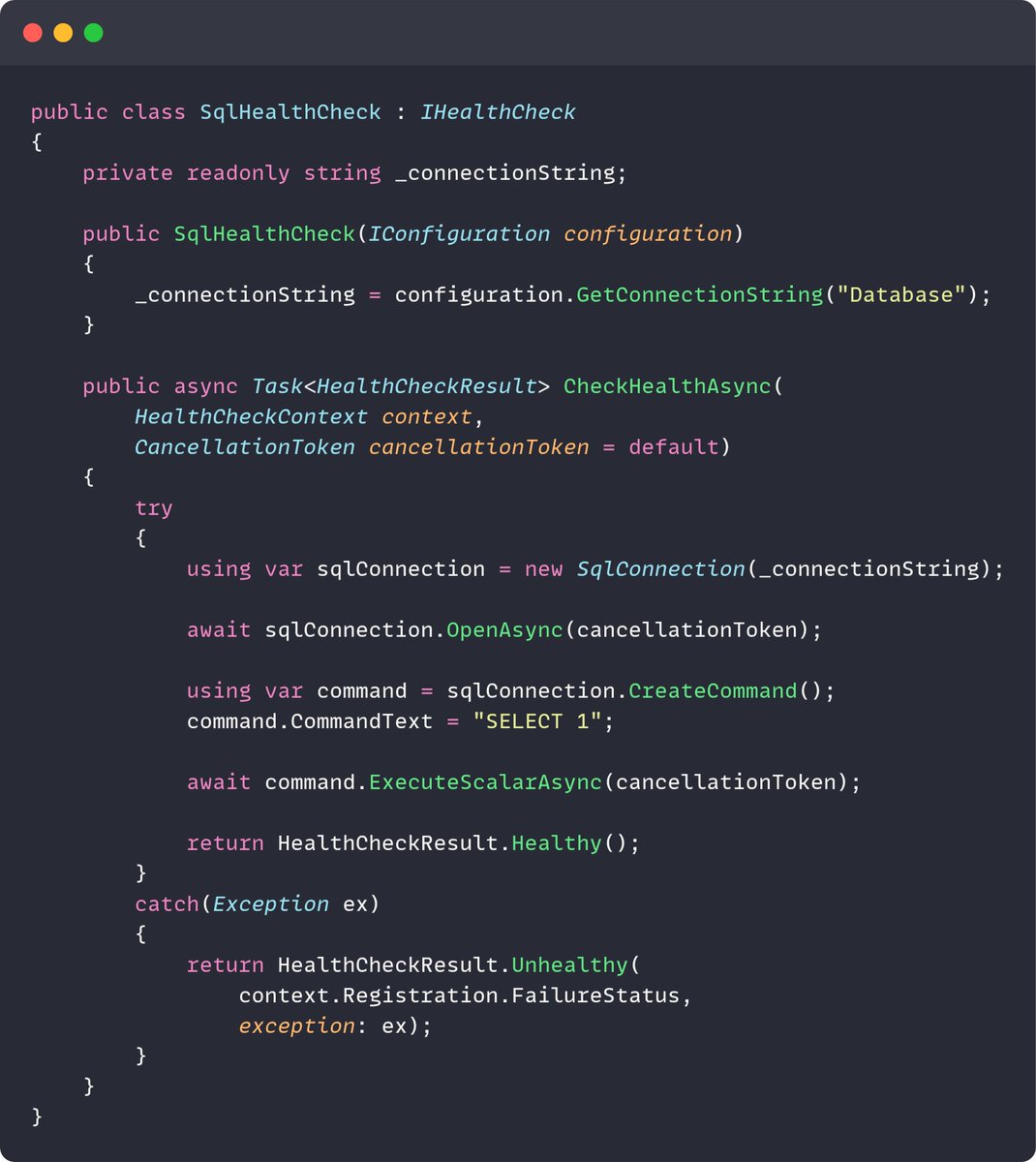 mjovanovictech's tweet image. Don&apos;t implement your own health checks.

But why?

You can probably find the health check you need in AspNetCore.Diagnostics.HealthChecks repository.

There are checks for many popular services - SQL Server, Postgres, MongoDB, Redis, S3, RabbitMQ...

It&apos;s just a matter of not…