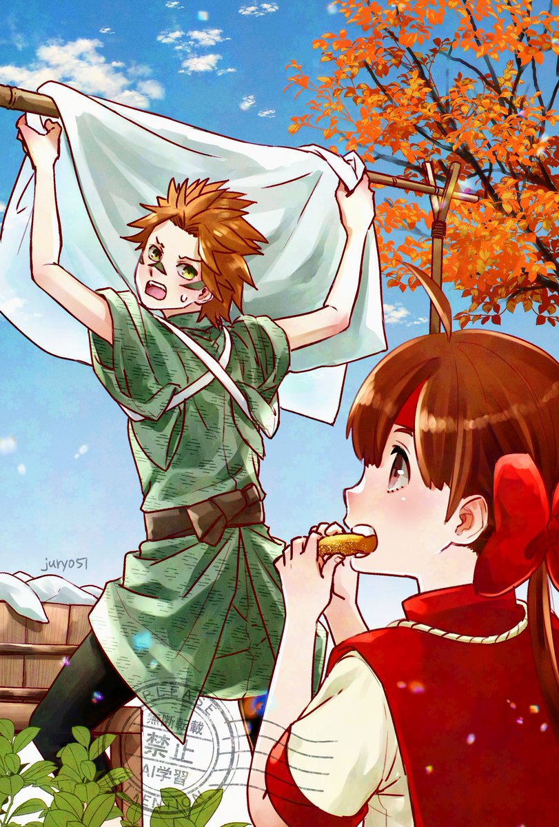 #ばさら版ワンドロワンライ 
#第十二回戦国BSR版ワンドロワンライ2024
お題【干し柿】と【洗う】を洗濯物を干す子さすと弁ちゃんで！
子守を任されたものの「この子食べてる時しかじっとしてくれない!?」と焦る忍