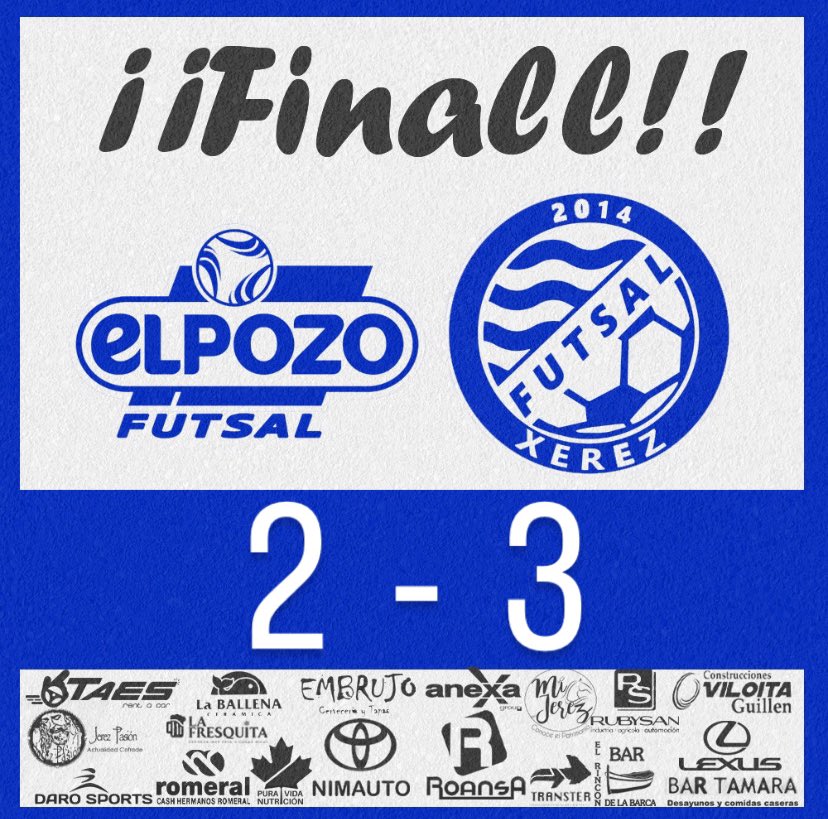 🔵FINAAAAAAAAL⚪️
Termina el partido con la victoria de los azulinos por 2 goles a 3
¡VAMOS EQUIPO!

El Pozo Ciudad de Murcia 2
Xerez Toyota Nimauto 3

Goleadores:
⚽️Gol en Propia puerta 
⚽️ Christian 
⚽️ Joselito

#ElSueñoContinua
#JuntosSomosMas