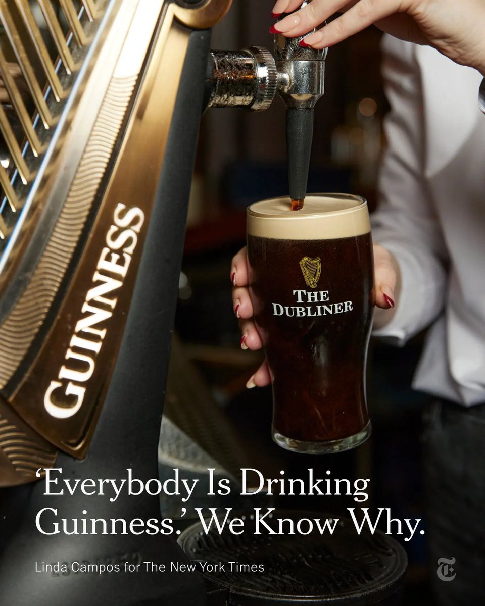 nytimes's tweet photo. Guinness, once synonymous with Irish pubs and older men, is winning over younger, beer-bent Americans eager to “split the ‘G.’” https://t.co/x9zOJ5iHDo https://t.co/GMj7KrM32M