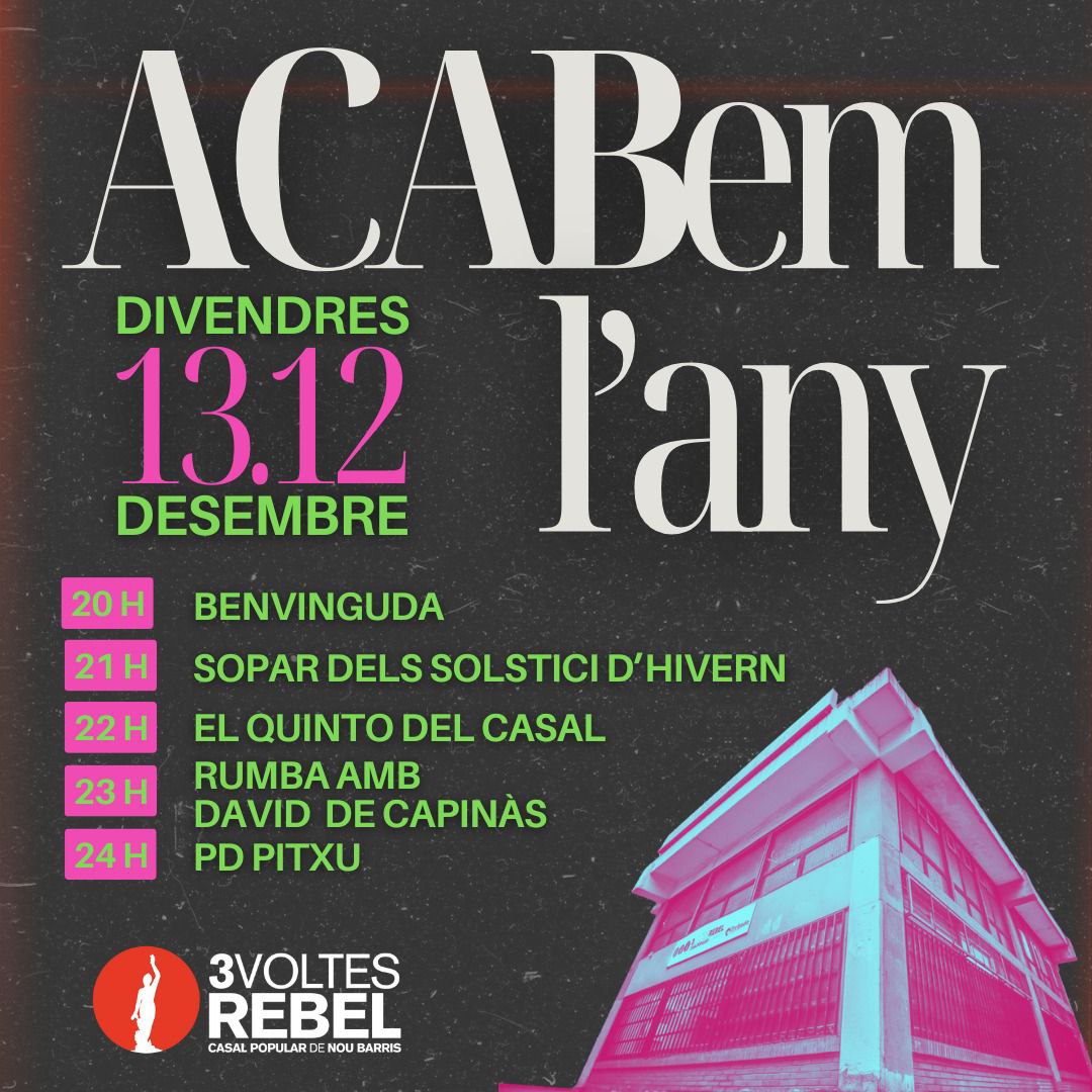 💥ACABem l'any: Arriba el SOPAR DE SOLSTICI!💥

✨Us convidem a venir el 13 de desembre a la celebració de solstici del 3Voltes!  

‼️Per a reservar sopar us heu d'apuntar a l'enllaç abans del 10 de desembre* : forms.gle/XG12gVziofajSt… 

🥳No t'ho perdis!