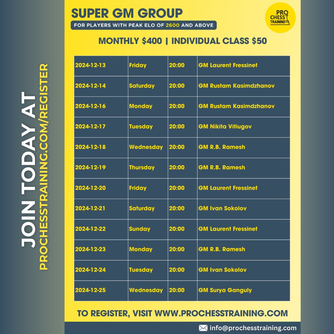 ProChessT's tweet photo. Here is the Super GM schedule for the month of December.
To register visit https://t.co/HHkRiVruth.
#ProChess #Chess https://t.co/80RIaqCeig