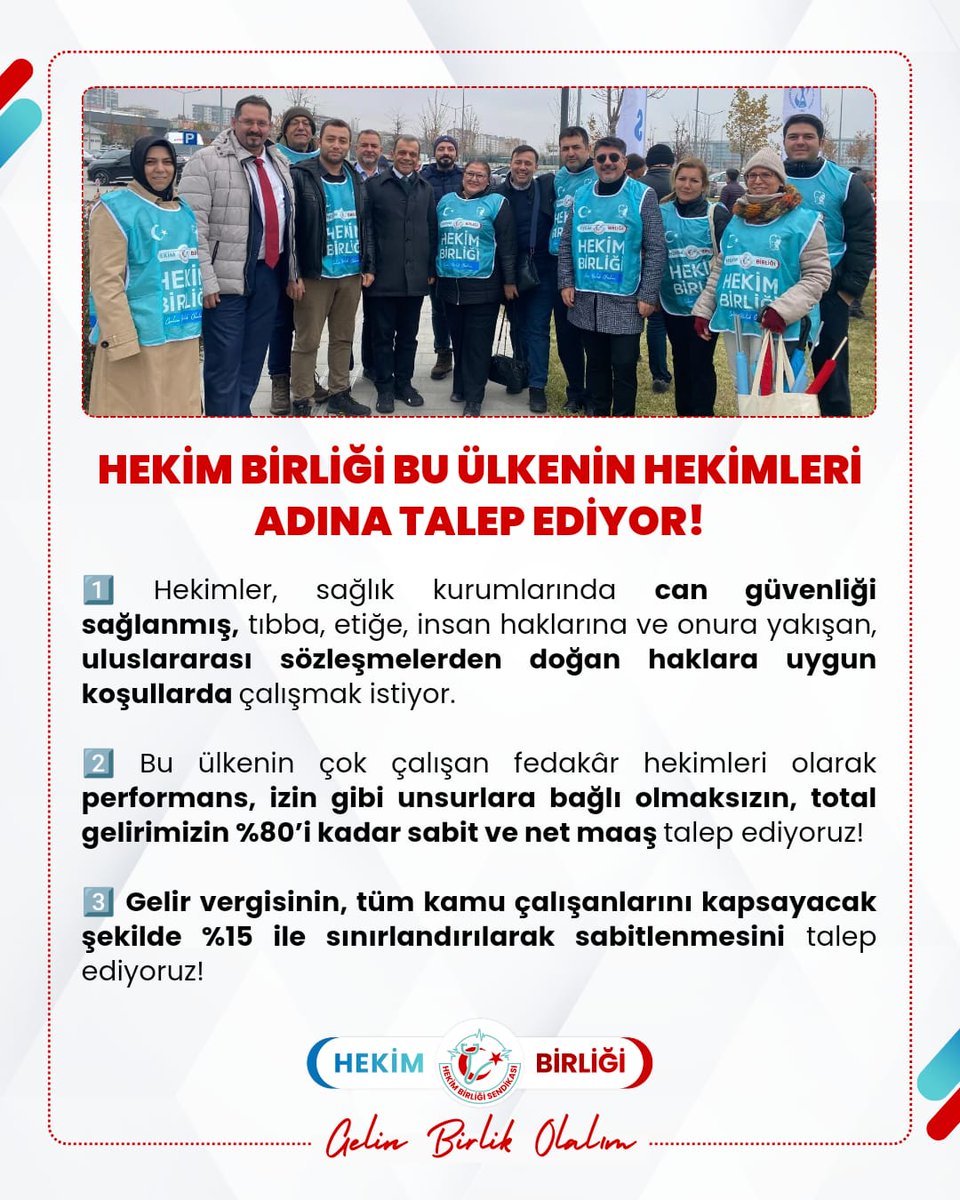 hekim_birligi's tweet photo. HEKİM BİRLİĞİ BU ÜLKENİN HEKİMLERİ ADINA TALEP EDİYOR!

1️⃣ Hekimler, sağlık kurumlarında can güvenliği sağlanmış, tıbba, etiğe, insan haklarına ve onura yakışan, uluslararası sözleşmelerden doğan haklara uygun koşullarda çalışmak istiyor.

2️⃣ Bu ülkenin çok çalışan fedakâr hekimleri olarak performans, izin gibi unsurlara bağlı olmaksızın, total gelirimizin %80’i kadar sabit ve net maaş talep ediyoruz!

3️⃣ Gelir vergisinin, tüm kamu çalışanlarını kapsayacak şekilde %15 ile sınırlandırılarak sabitlenmesini talep ediyoruz!

Hak ettiğimiz şartlarda çalışmak ve hakkımız olan geliri elde etmek için;
#GelinBirlikOlalım

@saglikbakanligi @drmemisoglu