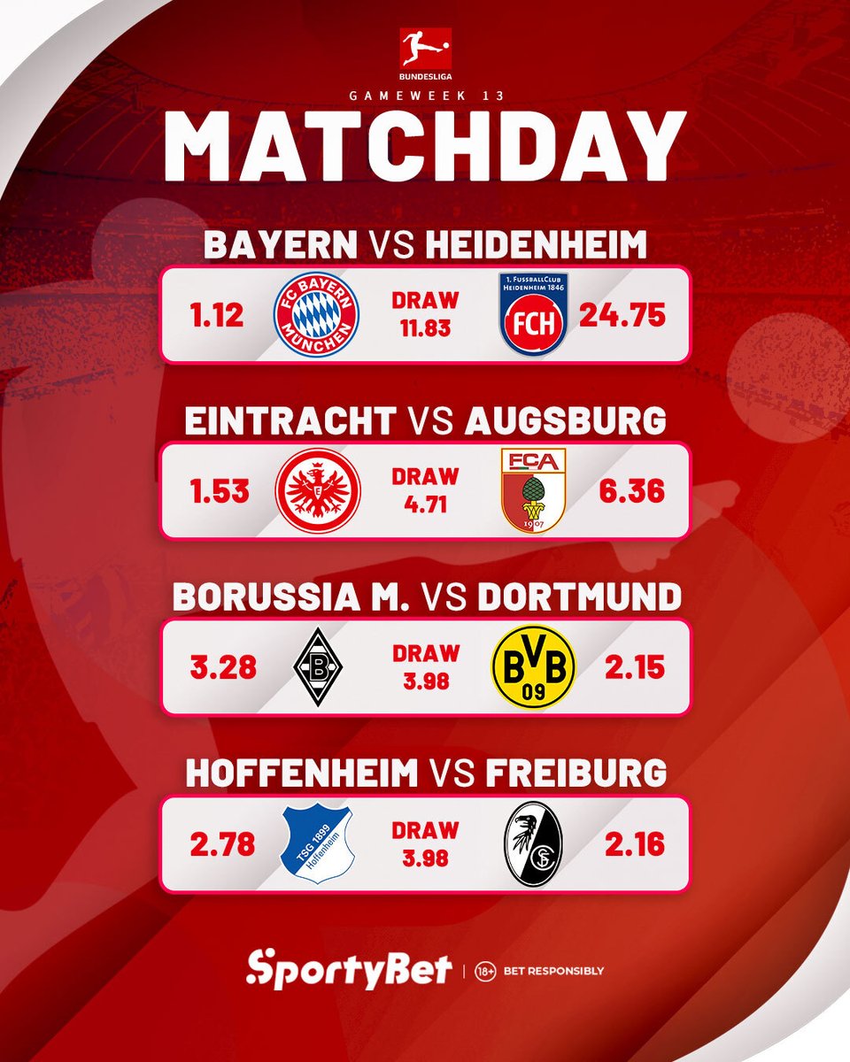 SportyBetNG's tweet photo. ⚽️ Bundesliga Game Week 13 Kicks Off This Weekend! ⚽️
Which teams are you backing to win this week? 🏆
👉 Don’t forget to Bet Sporty at SportyBet, where winners play! 🎯
👉 https://t.co/HHdV3T2ylX
#Bundesliga #GameWeek13 #BetSporty https://t.co/jFm0P3tzUi