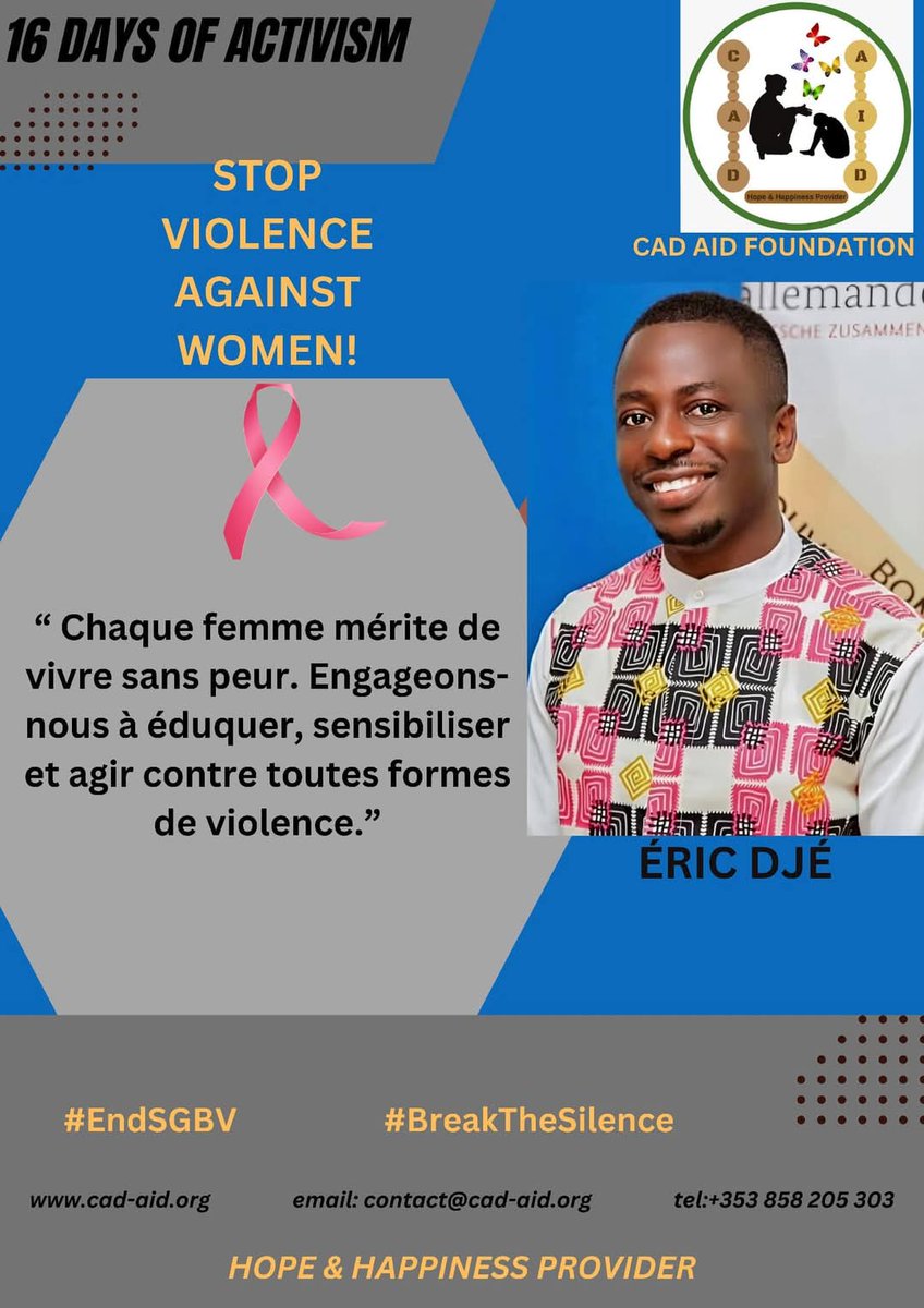 AidCad's tweet photo. 🌍💜 Day 13 of 16 Days of Activism: Together for a Safer World 💜🌍
💡 What can you do today?
✔️ Educate yourself and others about gender-based violence.
✔️ Speak out against harmful behaviors and attitudes in your community.
@AU_CIEFFA @MambouCarine @Claudy_Siar @alainfoka2005 https://t.co/r50NeSOFgd