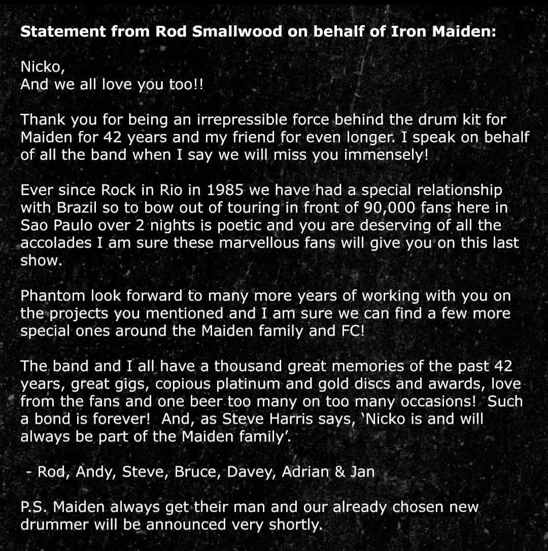 Marykin666's tweet photo. Sad news for all #IronMaiden fans today but Nicko has to do what's best for him and his family. We're going to miss you mate. #nwobhm #endofanera #Maiden #Metal #Nicko #ironmaidenfans https://t.co/d1szXDf4qd