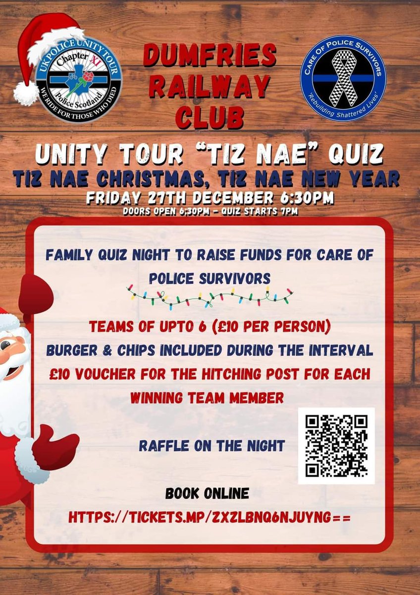 Come along for a cracking night raising money for@UK_COPS . 10 rounds of 10 questions to kick your brain back into gear after the Christmas festivities 😉
Book your team in using the link or qr code 👍
<a href="/PSOSDandG/">Police Scotland Dumfries & Galloway</a> 
<a href="/DGWGO/">Dumfries & Galloway! What's Going On?</a> <a href="/DGStandard/">Dumfries Standard</a>