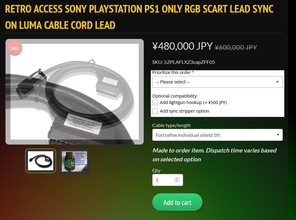 arcticfeather's tweet photo. @retroaccess There appears to an odd bug on your website. Changing the cable type multiplies the price by 100 times. https://t.co/3DDnp0RtgC