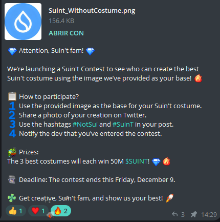 doggythedogg_'s tweet photo. 🚨 Suin't Costume Contest! 🎭🐸
🏆 Top 3 win 50M $SUINT each!
⏳ Ends Friday, December 9.
📋 Details in the image below!
👉 Join our Telegram: https://t.co/8iZsEt0VRh
#sui #movepump #memecoin #x100 #NotSui #SuinT https://t.co/4HaGUXQTfI