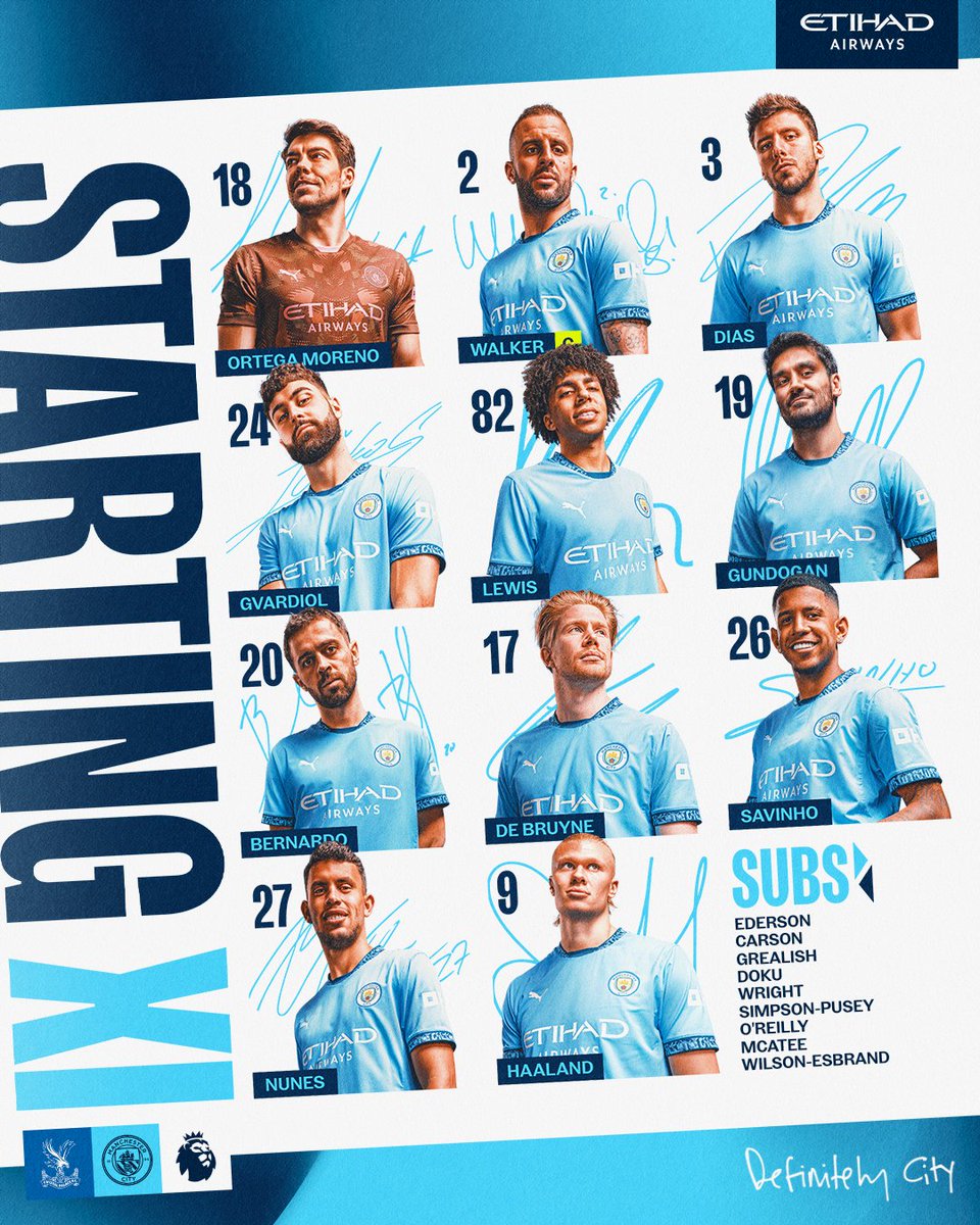 Your City side for #CRYMCI 🩵

XI | Ortega Moreno, Walker (C), Dias, Gvardiol, Lewis, Gundogan, Bernardo, De Bruyne, Savinho, Nunes, Haaland

SUBS | Ederson, Carson, Grealish, Doku, Wright, Simpson-Pusey, O'Reilly, McAtee, Wilson-Esbrand

#ManCity | <a href="/etihad/">Etihad Airways</a>