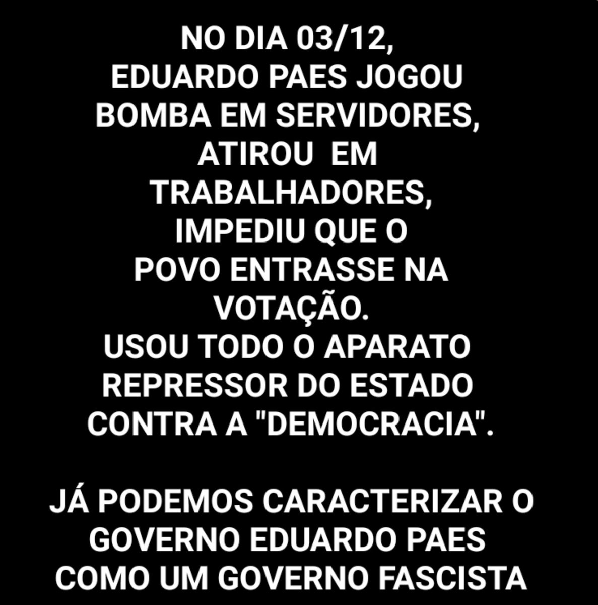 ReestatizaSus's tweet photo. Usar a repressão contra o povo é fascismo. Em uma votação, fascismo.
O governo Eduardo Paes é um governo fascista que massacra a classe trabalhadora na base da agressão e da privatização. Um fascista privatista. 
"Resistir, resistir, até o PREFEITO cair!"
Fora Paes!#ReestatizaSus https://t.co/arjSQ4a6xi