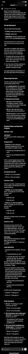 curiosity_notes's tweet image. o1 is the first model I tested that was able to solve this ‘world’s hardest logic puzzle’ correctly, albeit with a lot of guidance and steering from the human.