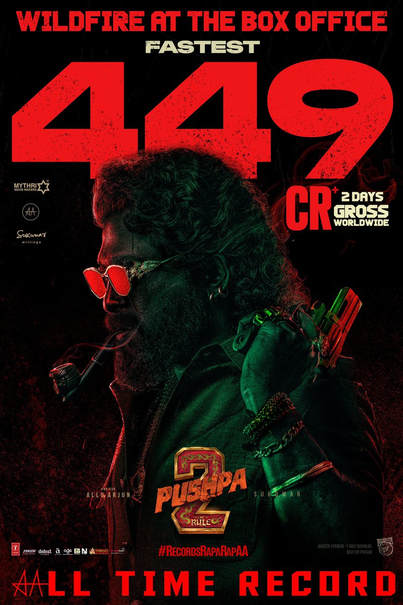 WILDFIRE at the box-office 🔥🔥

#Pushpa2TheRule    grosses 449 CRORES WORLDWIDE in 2 days ❤‍🔥

The fastest Indian film to hit the milestone 💥💥

#RecordRapaRapAA 🔥

RULING IN CINEMAS 

Book your tickets now!
🎟️ linktr.ee/Pushpa2TheRule…

#Pushpa2   
#WildFirePushpa