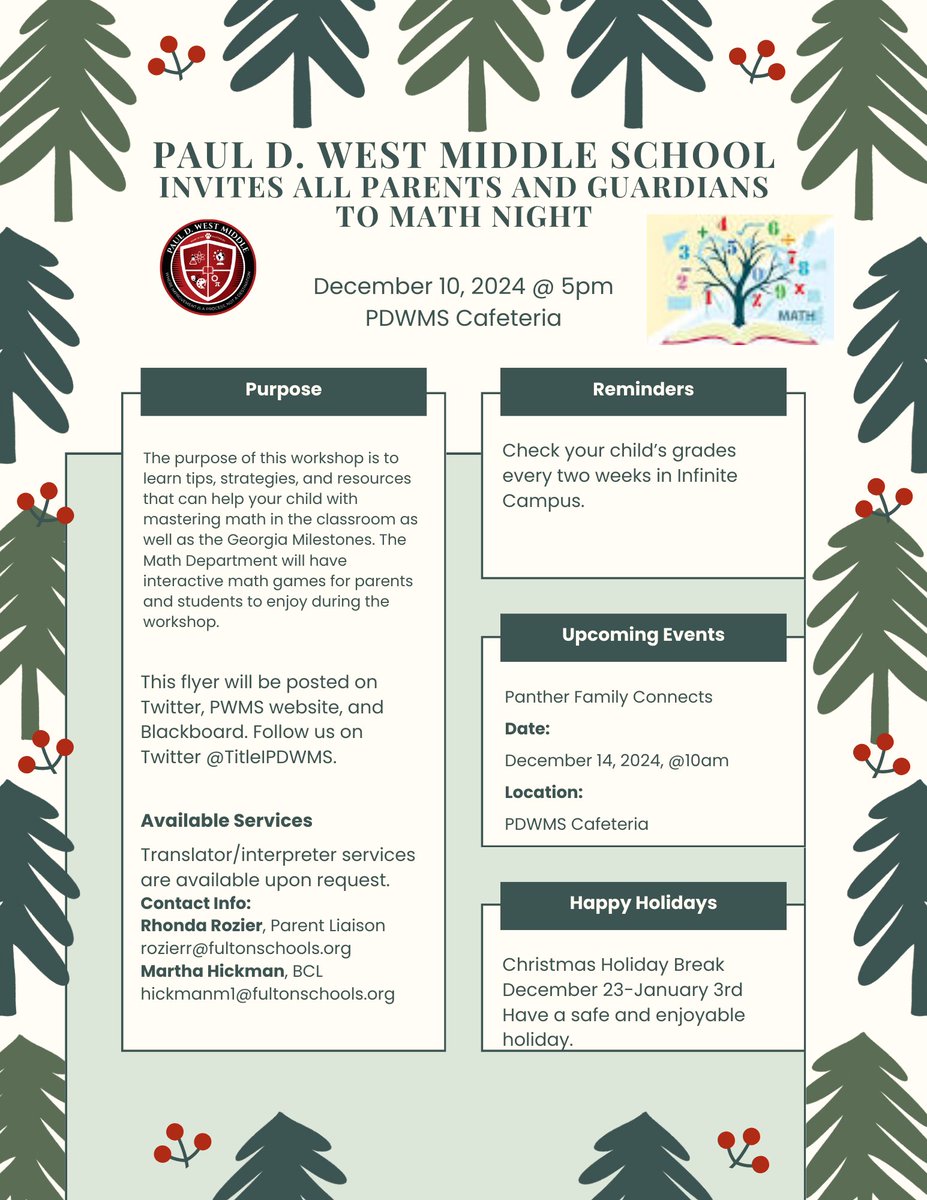 All Parents and Guardians are invited to Title I Math Night at PDWMS. View the flyers for more information.