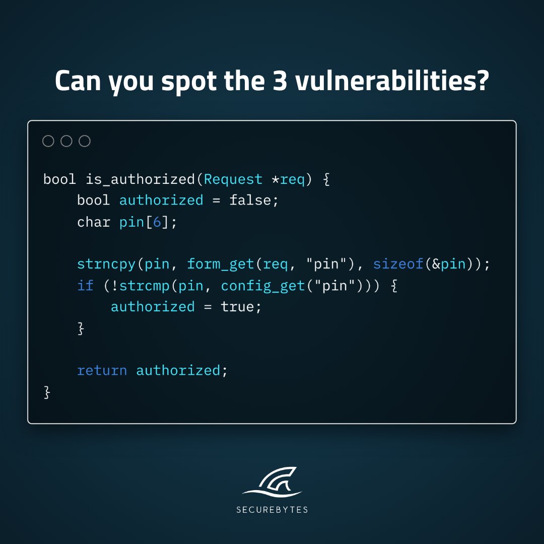 There are 3 vulnerabilities in this code snippet. Can you spot them?

#SecureCoding #BugBounty #AppSec #CyberSecurity #CodeReview