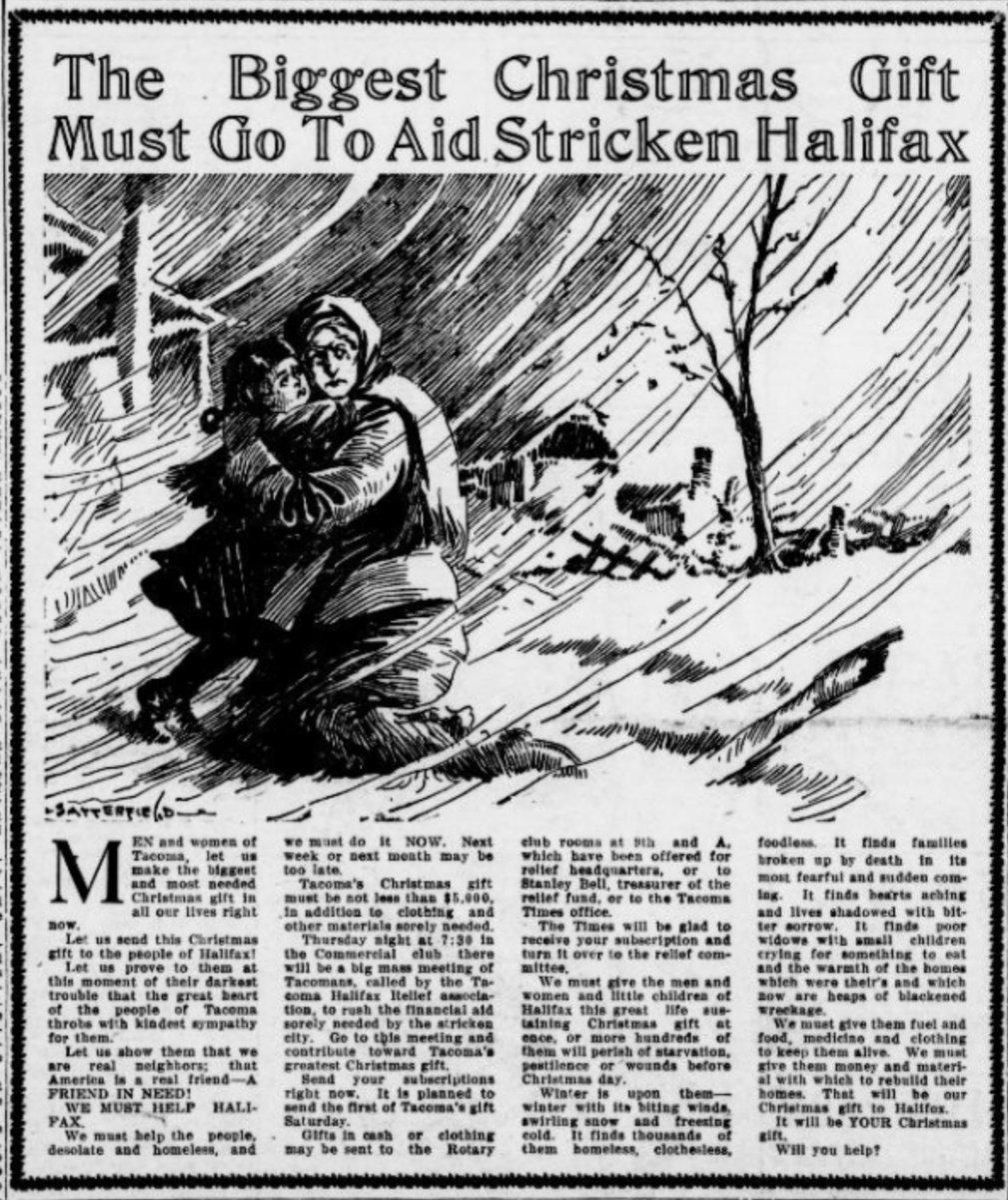 ThisDayInWWI's tweet photo. Dec 13 1917 #OTD Newspapers in USA still talking about Dec 6 1917 #HalifaxExplosion.  
The Detroit Times picture of Barrington Street
The Tacoma Times Bob Satterfield cartoon
East Oregonian: E.O. Bob Satterfield draws the female personification of Columbia https://t.co/IETHNpWbTY https://t.co/22KBf3bXY8